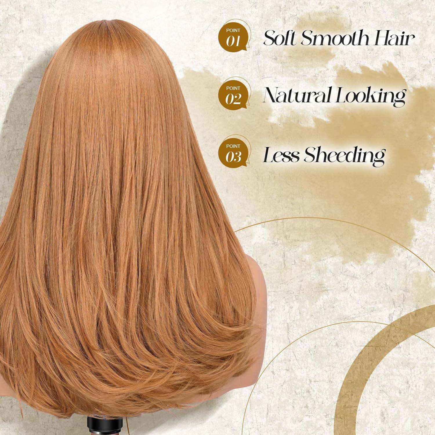 imageFESHFEN Long Wigs with Bangs Synthetic Natural Looking Layered Straight Hair Wig for Women Daily Party Use 18 inch Natural BlackAuburn Brown