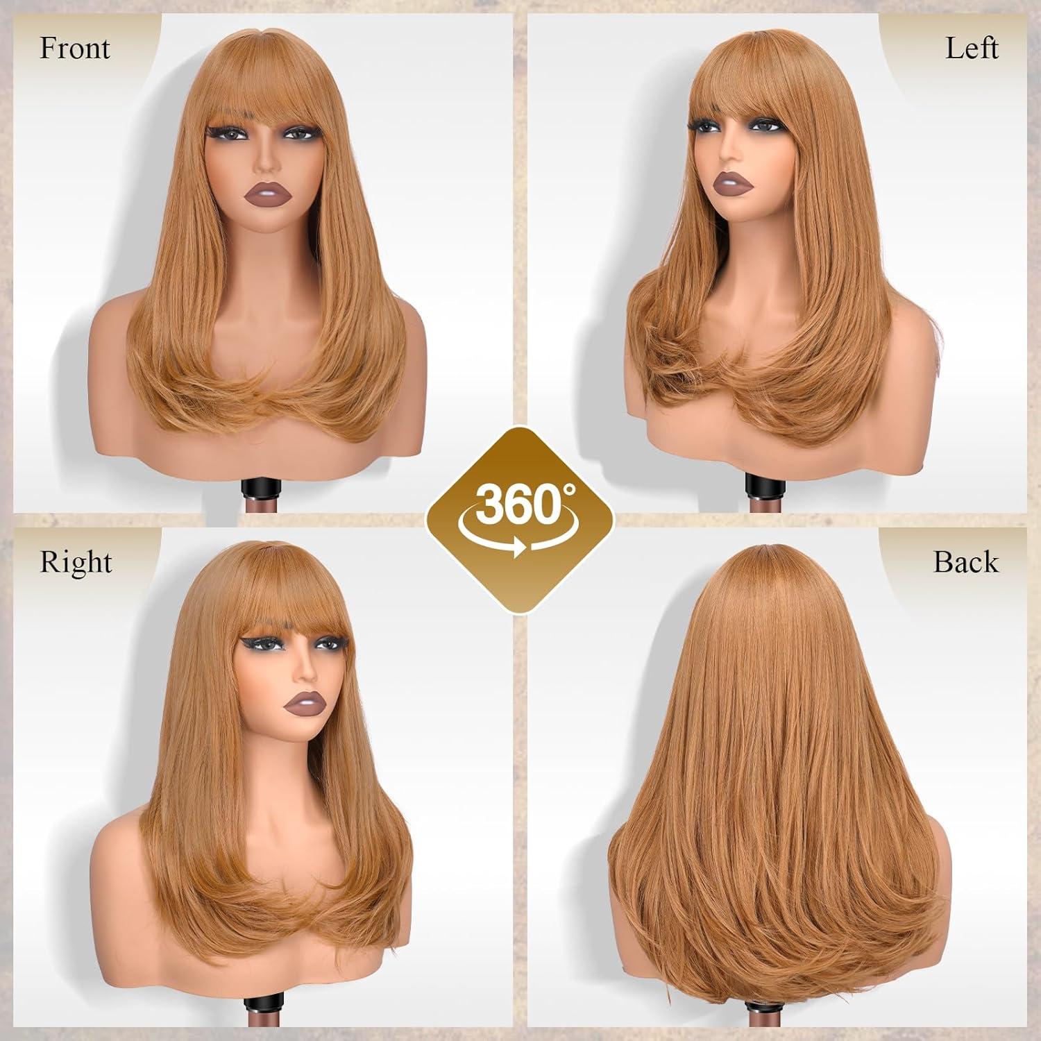 imageFESHFEN Long Wigs with Bangs Synthetic Natural Looking Layered Straight Hair Wig for Women Daily Party Use 18 inch Natural BlackAuburn Brown
