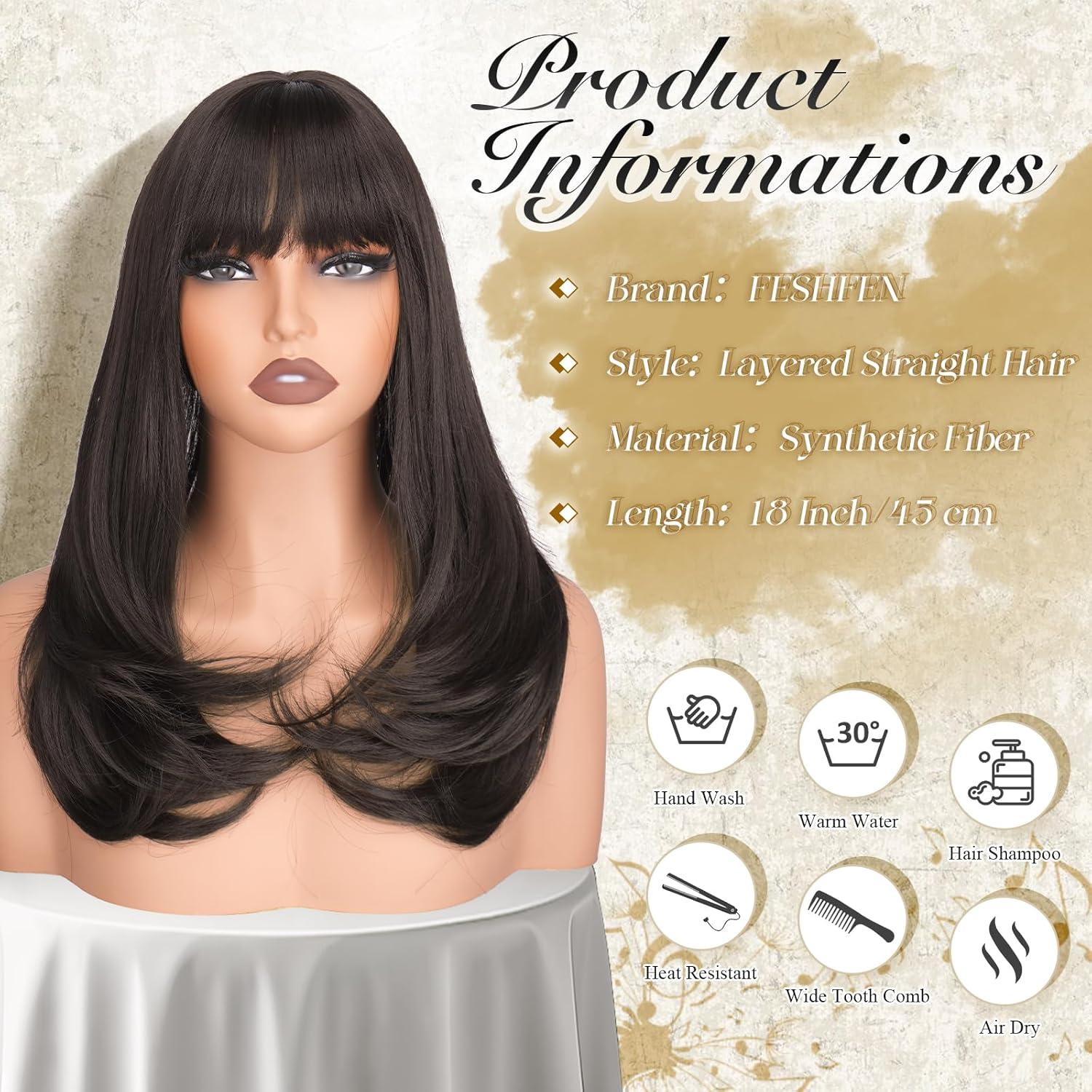 imageFESHFEN Long Wigs with Bangs Synthetic Natural Looking Layered Straight Hair Wig for Women Daily Party Use 18 inch Natural BlackBrown