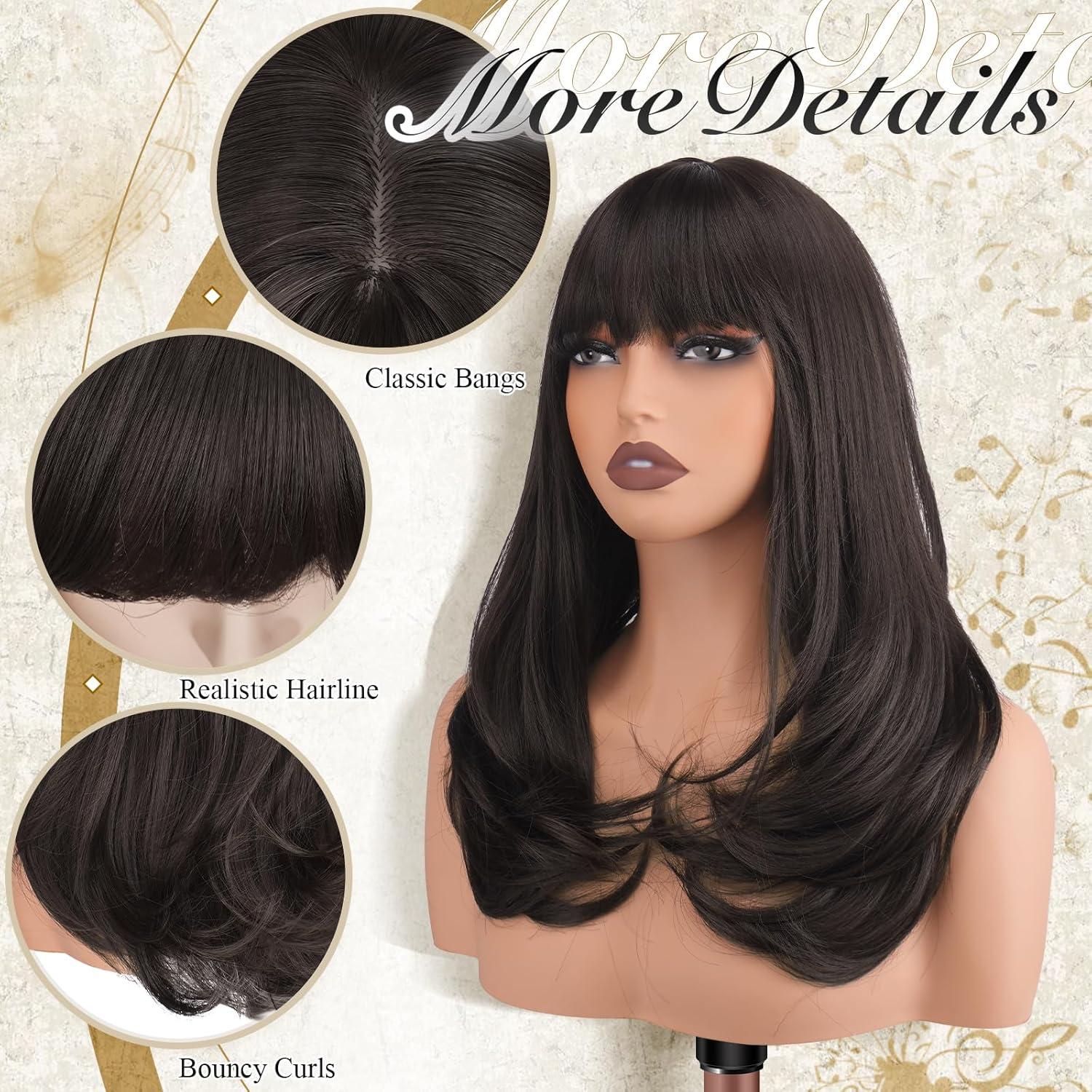 imageFESHFEN Long Wigs with Bangs Synthetic Natural Looking Layered Straight Hair Wig for Women Daily Party Use 18 inch Natural BlackBrown