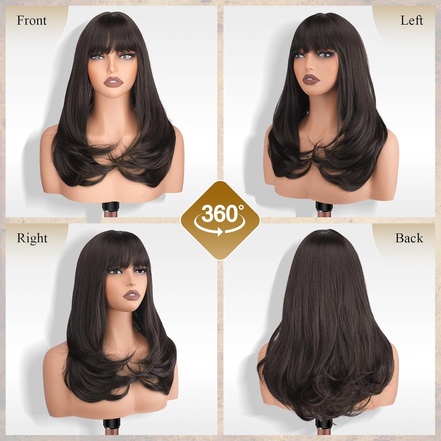 imageFESHFEN Long Wigs with Bangs Synthetic Natural Looking Layered Straight Hair Wig for Women Daily Party Use 18 inch Natural BlackBrown