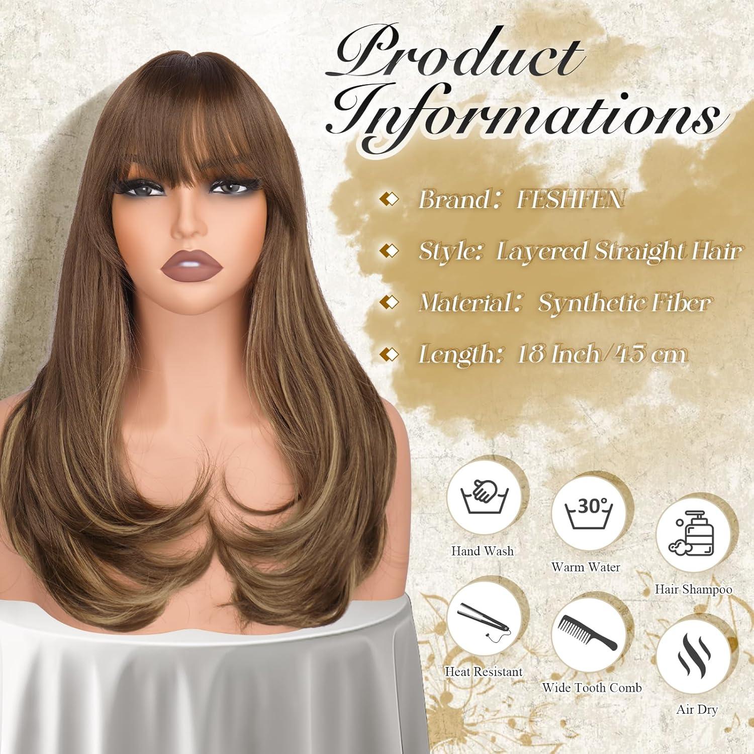 imageFESHFEN Long Wigs with Bangs Synthetic Natural Looking Layered Straight Hair Wig for Women Daily Party Use 18 inch Natural BlackBrown Mixed Blonde
