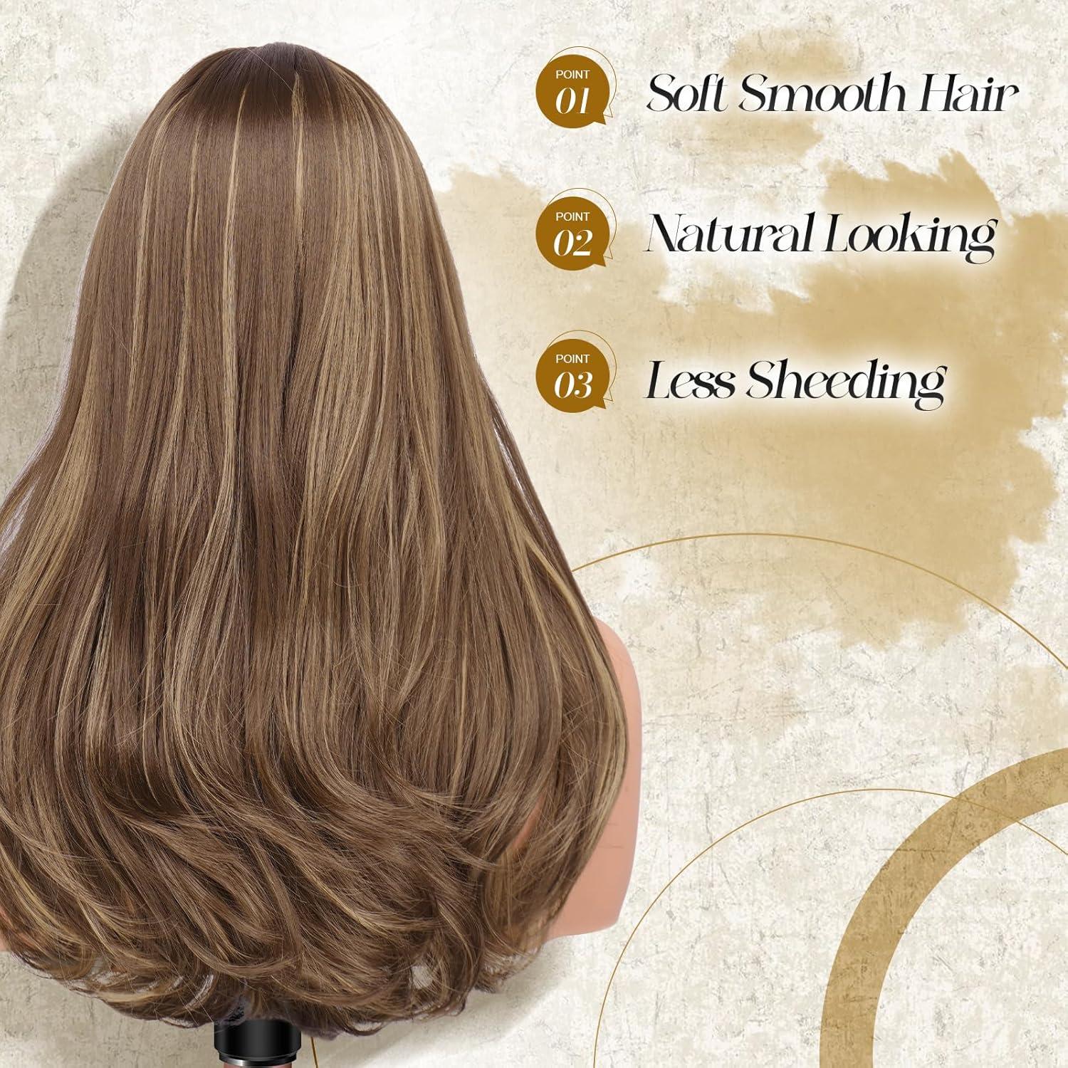 imageFESHFEN Long Wigs with Bangs Synthetic Natural Looking Layered Straight Hair Wig for Women Daily Party Use 18 inch Natural BlackBrown Mixed Blonde