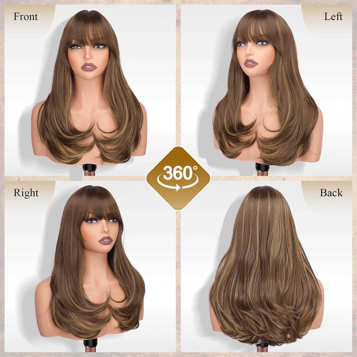 imageFESHFEN Long Wigs with Bangs Synthetic Natural Looking Layered Straight Hair Wig for Women Daily Party Use 18 inch Natural BlackBrown Mixed Blonde