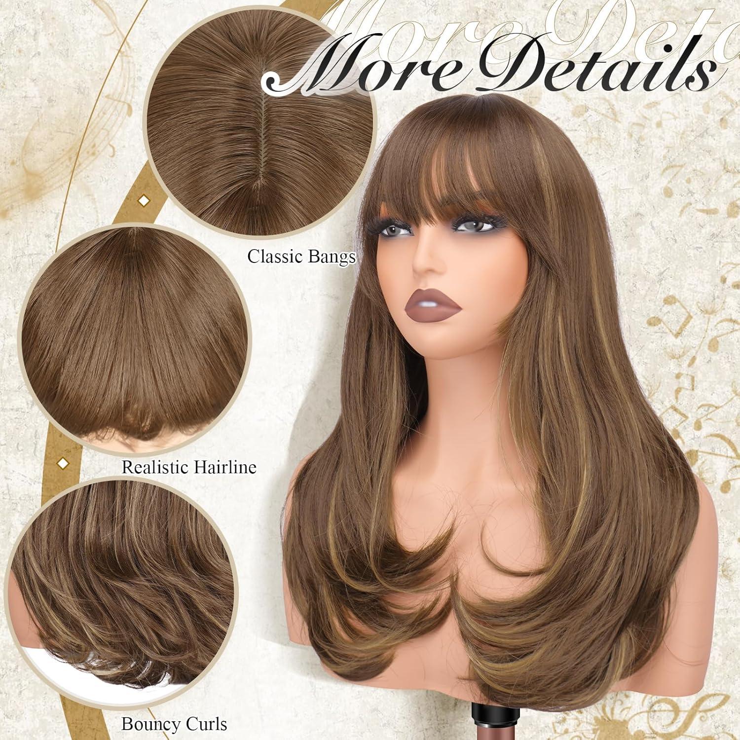 imageFESHFEN Long Wigs with Bangs Synthetic Natural Looking Layered Straight Hair Wig for Women Daily Party Use 18 inch Natural BlackBrown Mixed Blonde