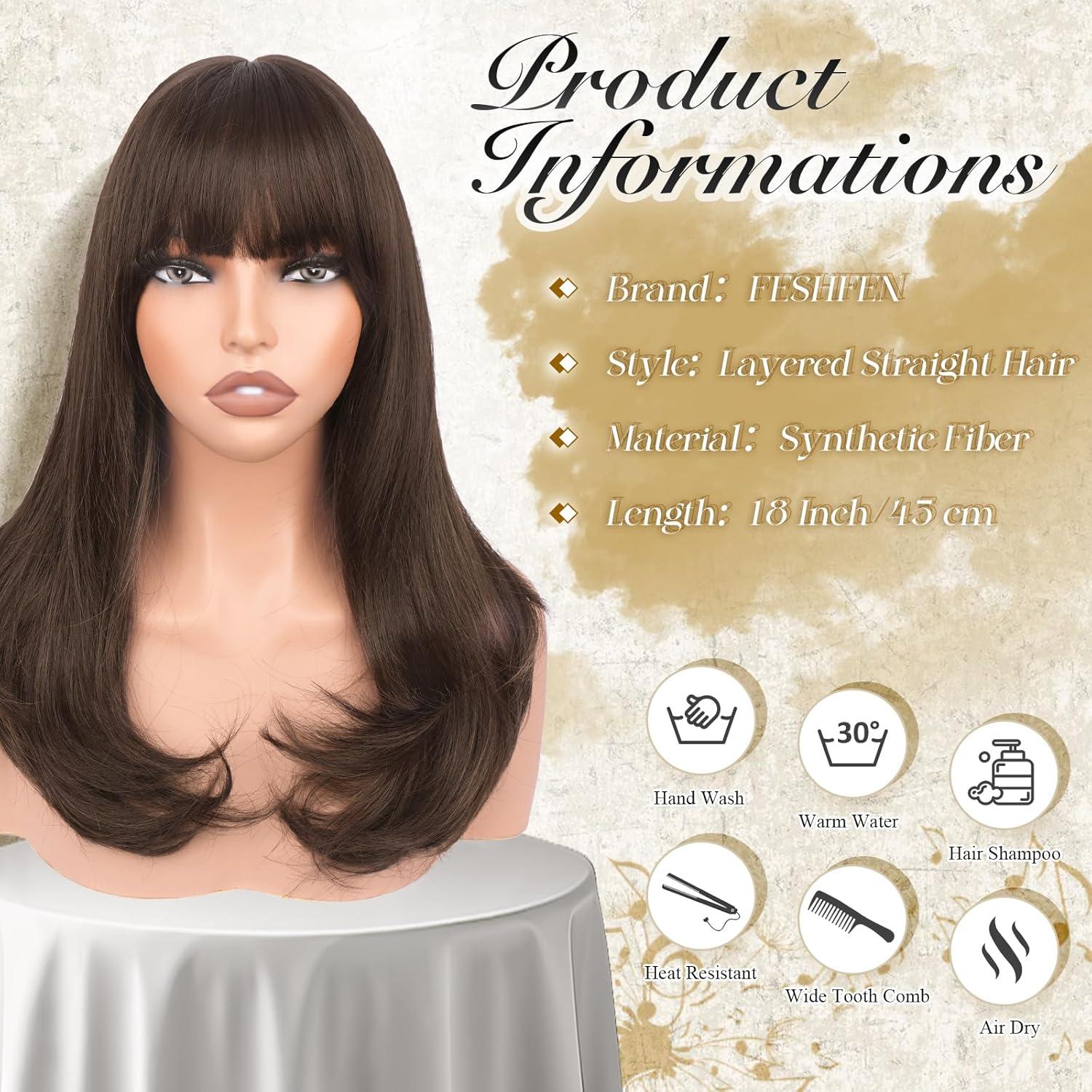 imageFESHFEN Long Wigs with Bangs Synthetic Natural Looking Layered Straight Hair Wig for Women Daily Party Use 18 inch Natural BlackBrown with Highlights