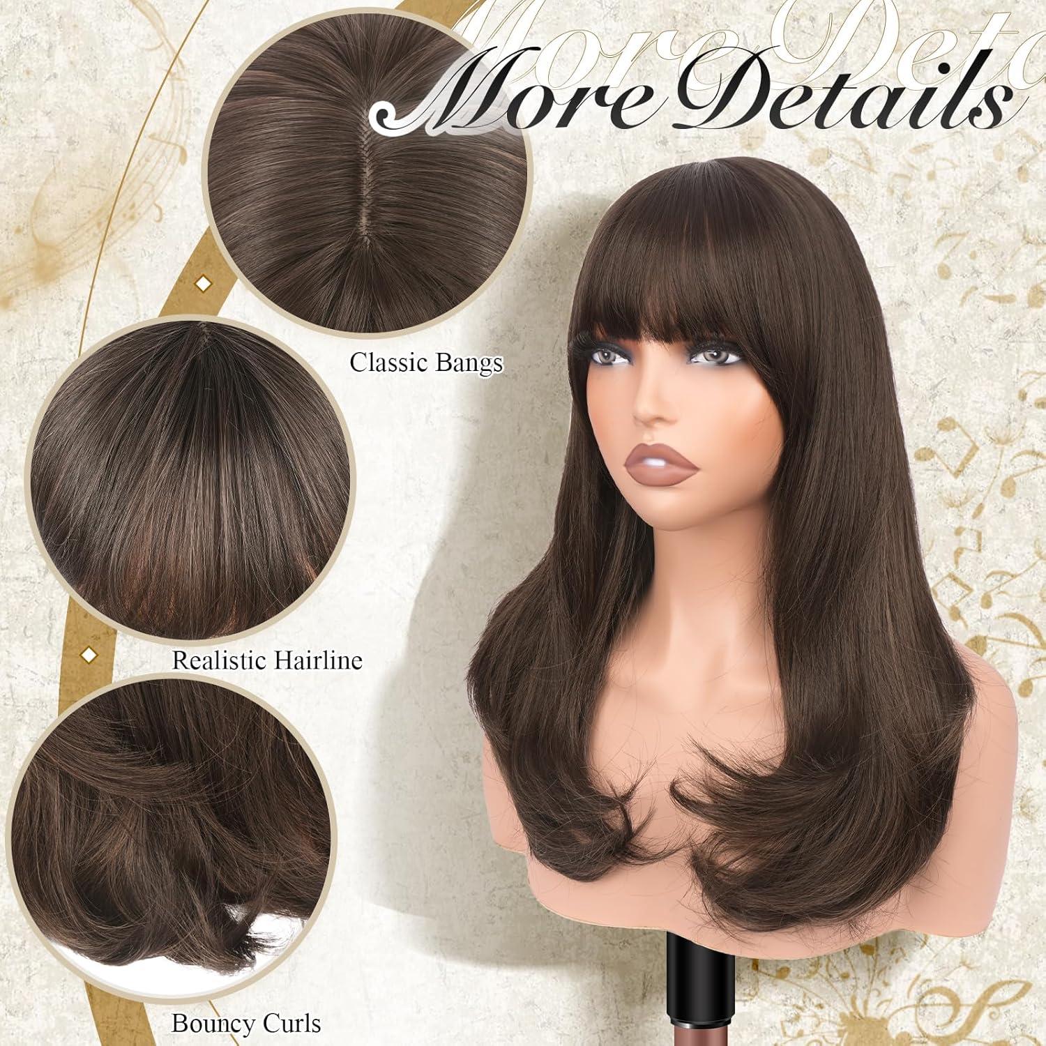 imageFESHFEN Long Wigs with Bangs Synthetic Natural Looking Layered Straight Hair Wig for Women Daily Party Use 18 inch Natural BlackBrown with Highlights