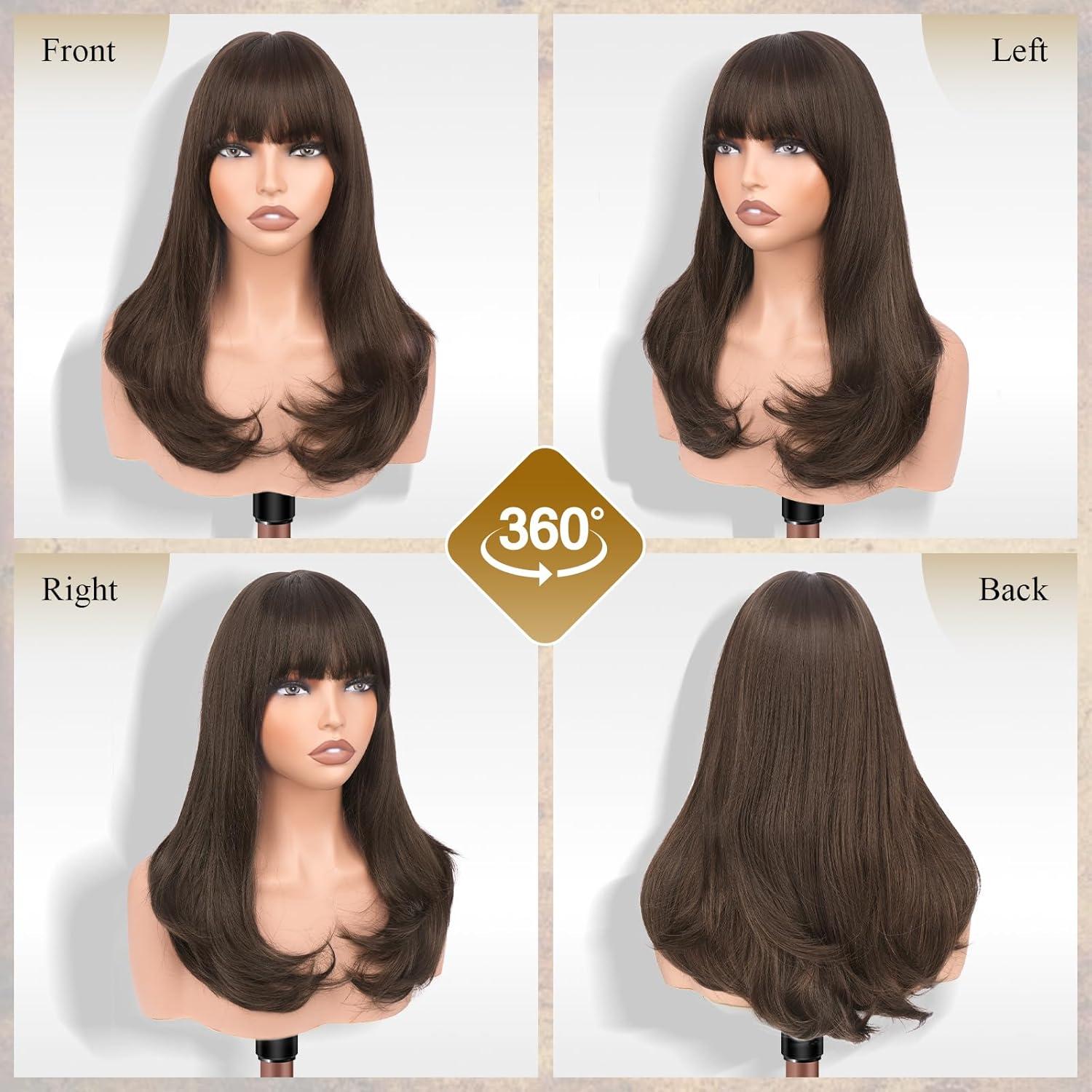 imageFESHFEN Long Wigs with Bangs Synthetic Natural Looking Layered Straight Hair Wig for Women Daily Party Use 18 inch Natural BlackBrown with Highlights