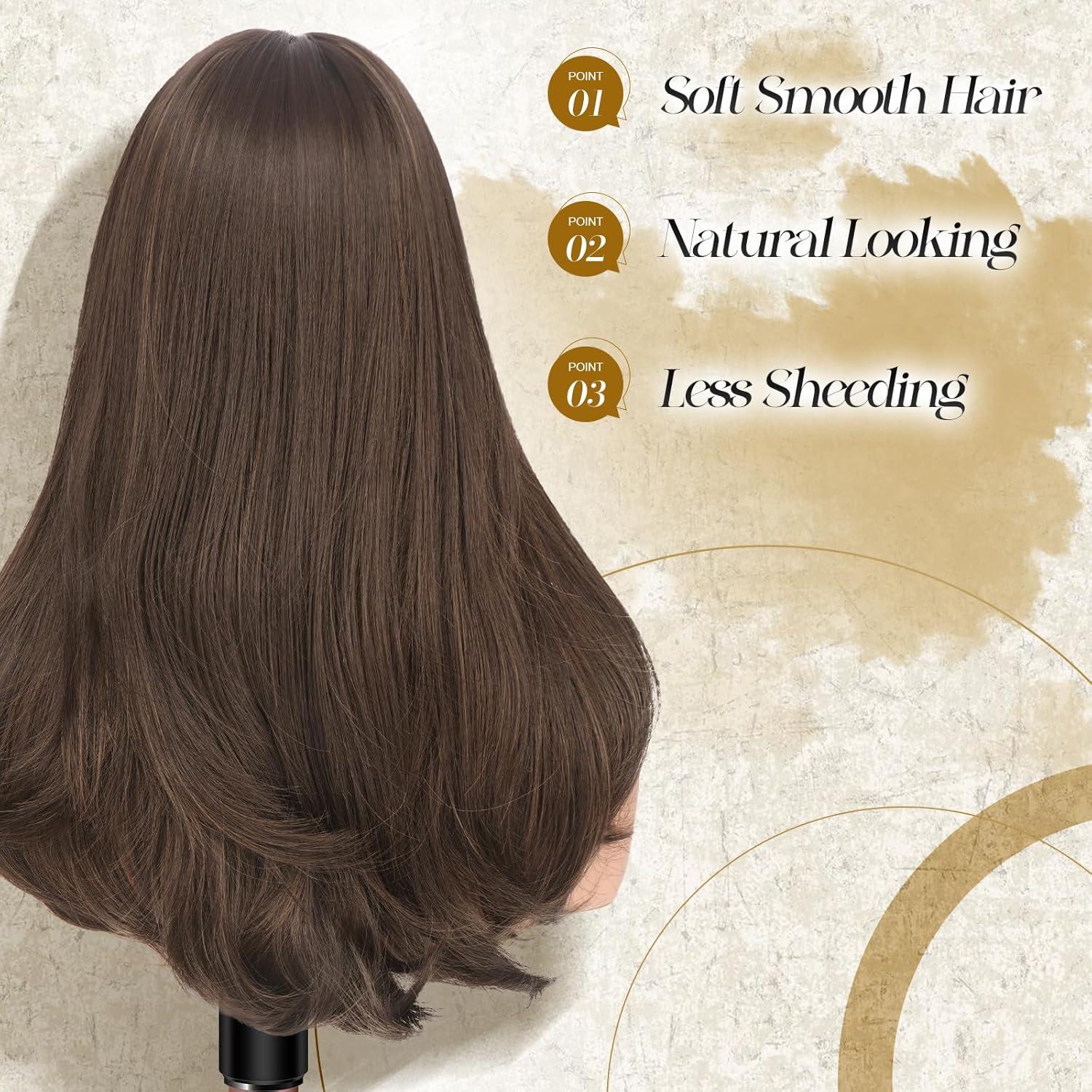 imageFESHFEN Long Wigs with Bangs Synthetic Natural Looking Layered Straight Hair Wig for Women Daily Party Use 18 inch Natural BlackBrown with Highlights