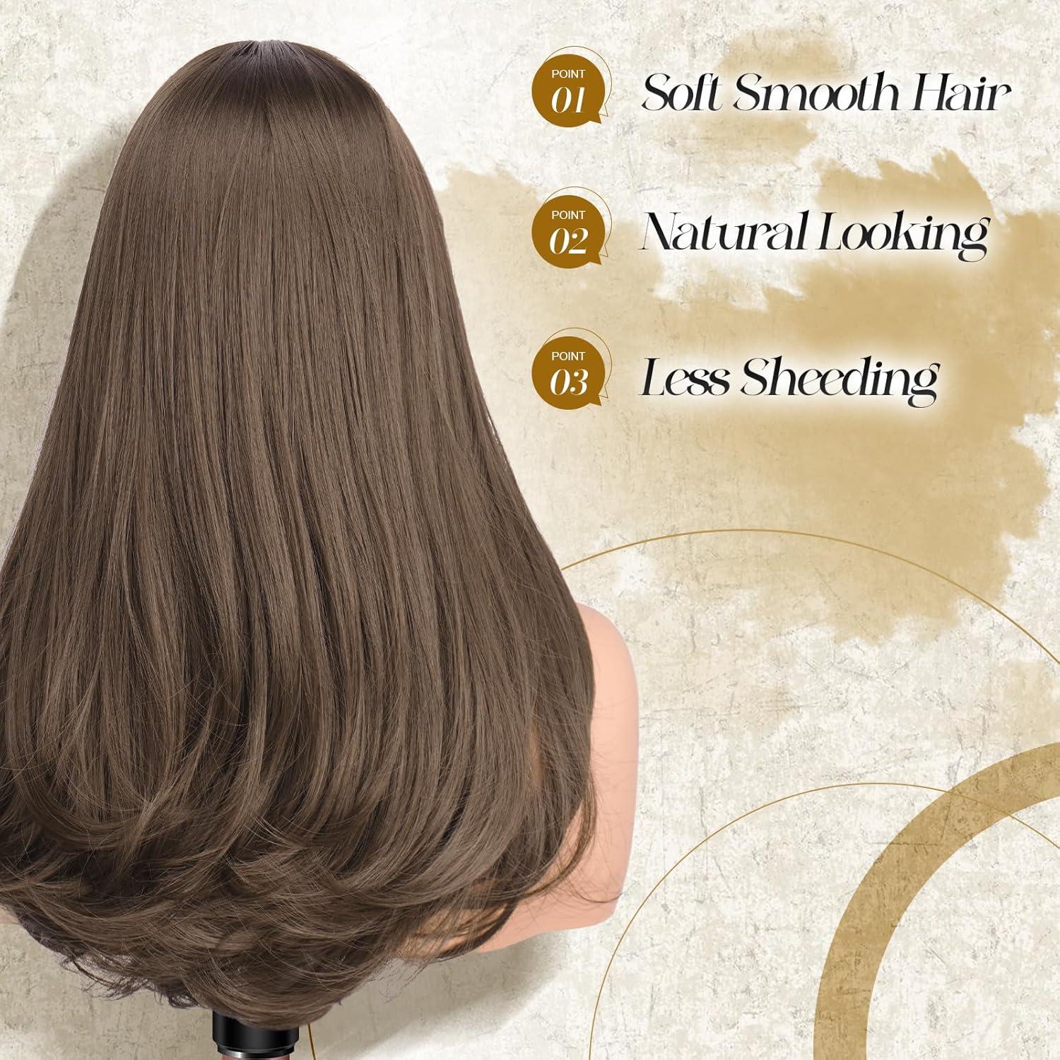 imageFESHFEN Long Wigs with Bangs Synthetic Natural Looking Layered Straight Hair Wig for Women Daily Party Use 18 inch Natural BlackChestnut Brown