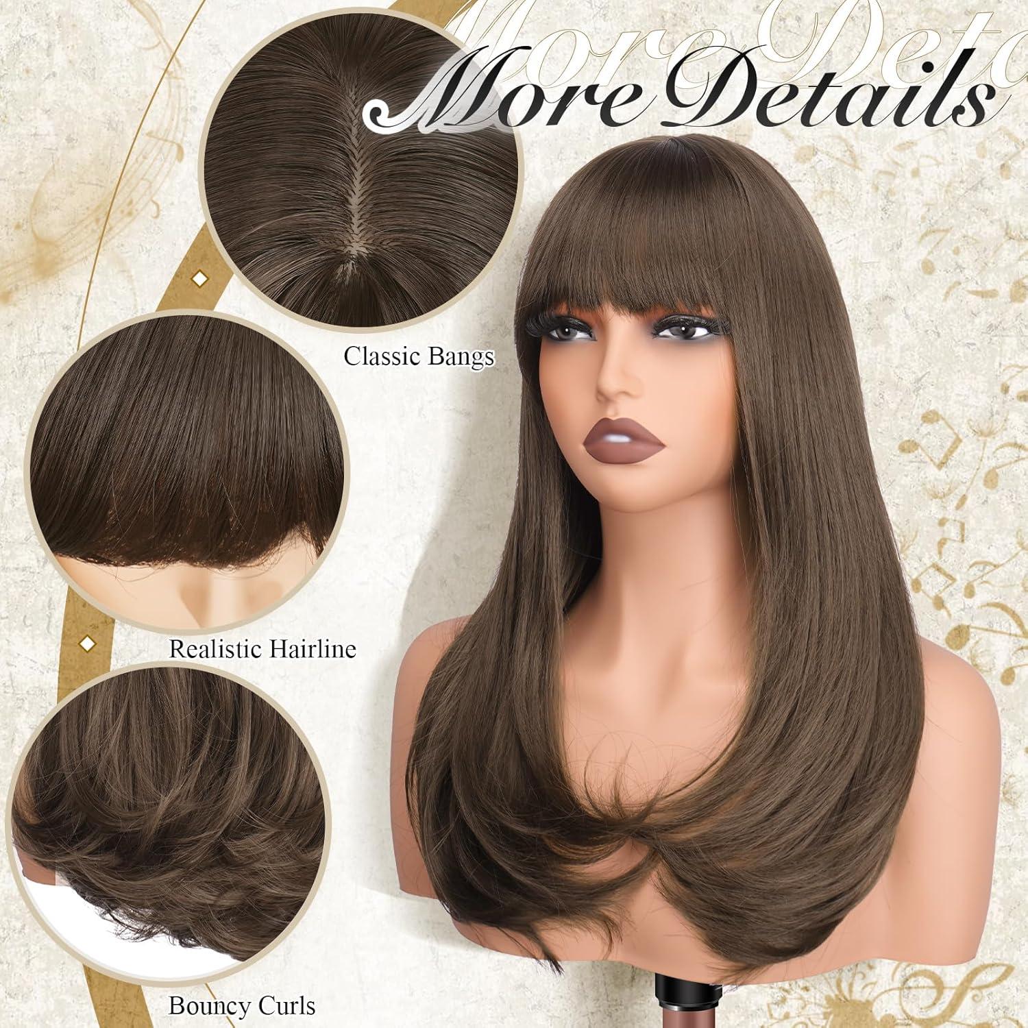 imageFESHFEN Long Wigs with Bangs Synthetic Natural Looking Layered Straight Hair Wig for Women Daily Party Use 18 inch Natural BlackChestnut Brown