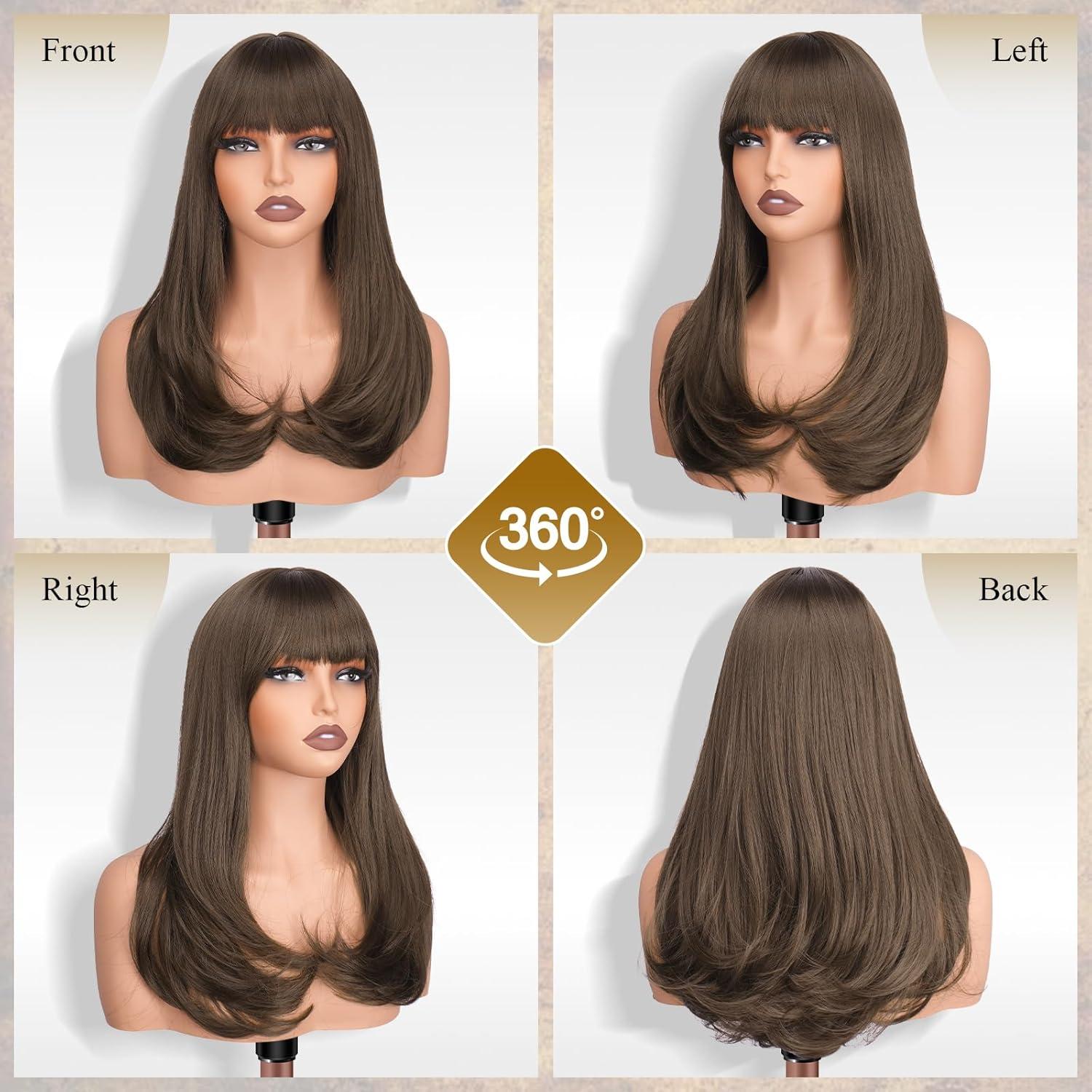 imageFESHFEN Long Wigs with Bangs Synthetic Natural Looking Layered Straight Hair Wig for Women Daily Party Use 18 inch Natural BlackChestnut Brown