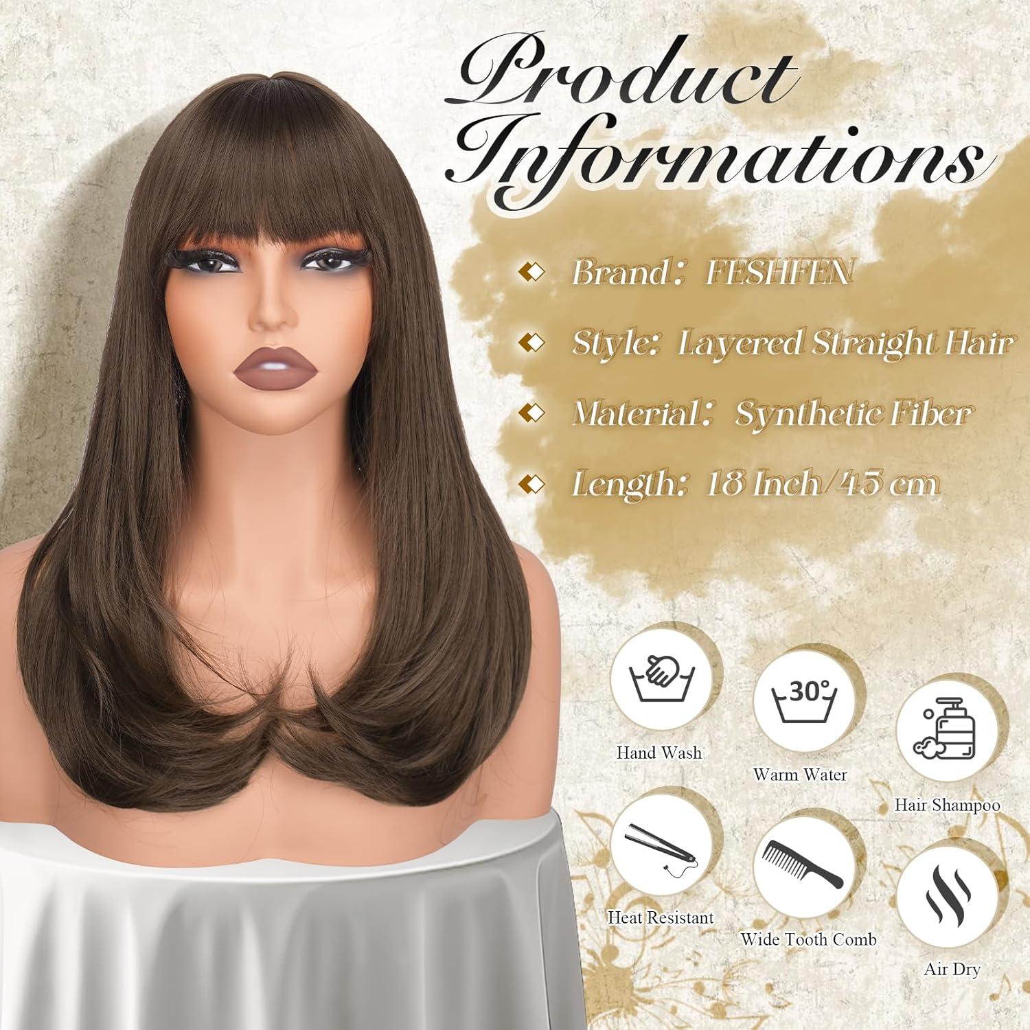 imageFESHFEN Long Wigs with Bangs Synthetic Natural Looking Layered Straight Hair Wig for Women Daily Party Use 18 inch Natural BlackChestnut Brown