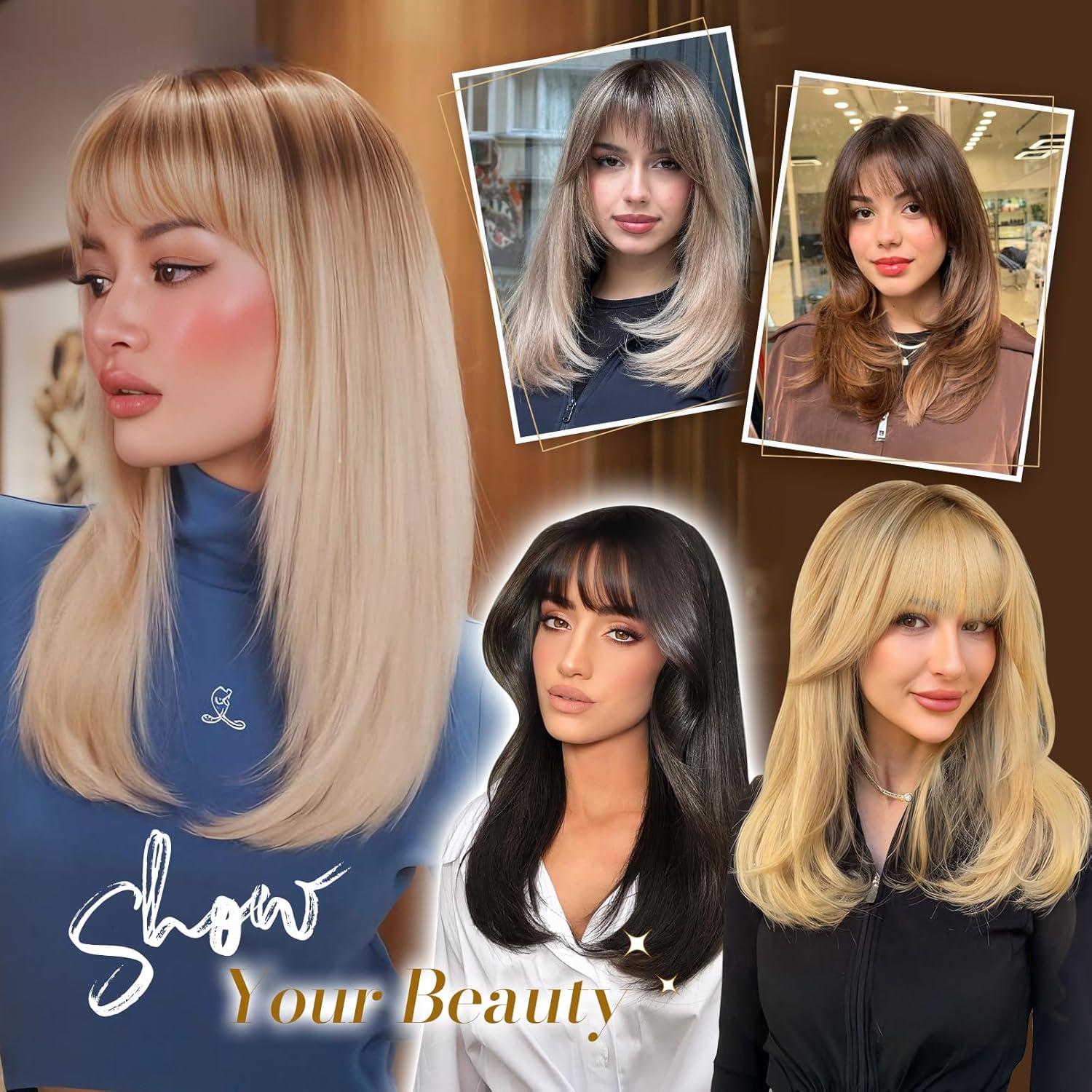 imageFESHFEN Long Wigs with Bangs Synthetic Natural Looking Layered Straight Hair Wig for Women Daily Party Use 18 inch Natural BlackDark Brown
