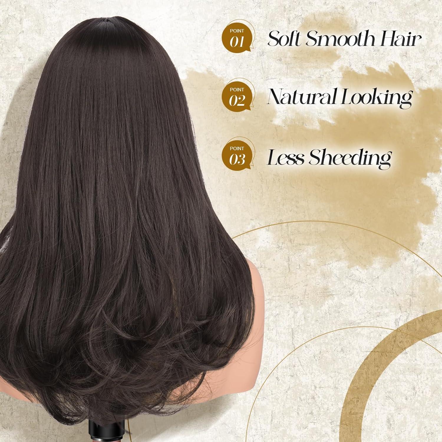 imageFESHFEN Long Wigs with Bangs Synthetic Natural Looking Layered Straight Hair Wig for Women Daily Party Use 18 inch Natural BlackDark Brown