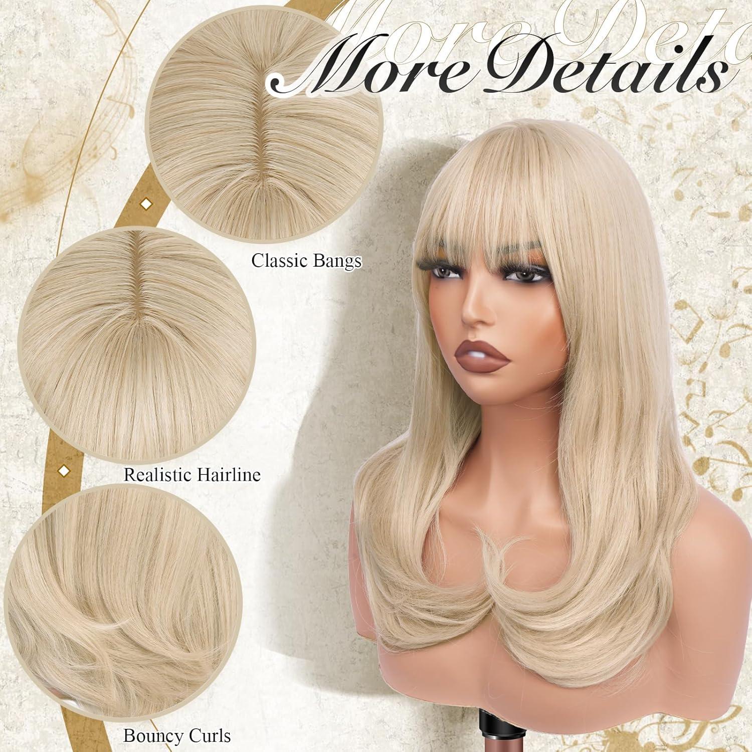 imageFESHFEN Long Wigs with Bangs Synthetic Natural Looking Layered Straight Hair Wig for Women Daily Party Use 18 inch Natural BlackLight Blonde