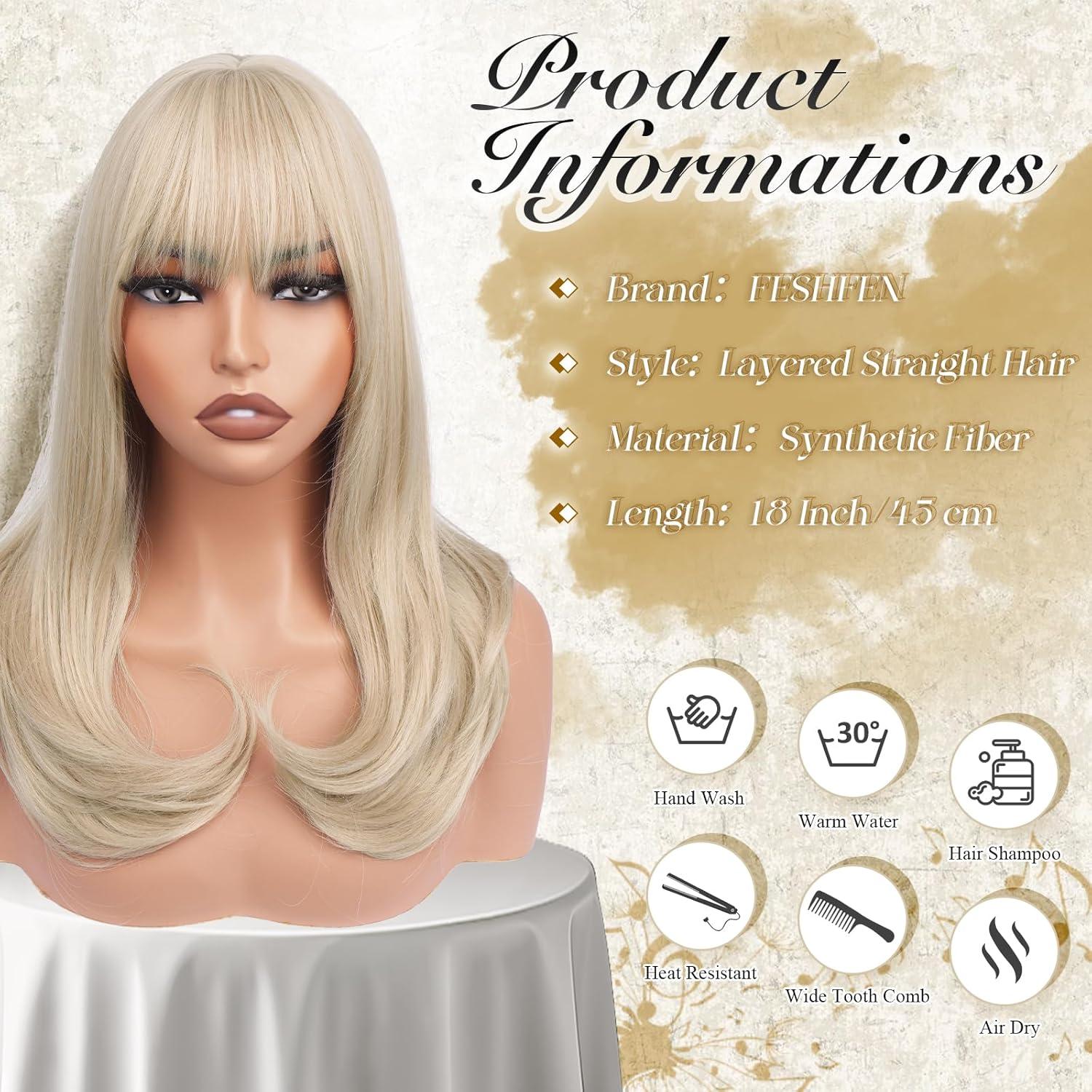 imageFESHFEN Long Wigs with Bangs Synthetic Natural Looking Layered Straight Hair Wig for Women Daily Party Use 18 inch Natural BlackLight Blonde