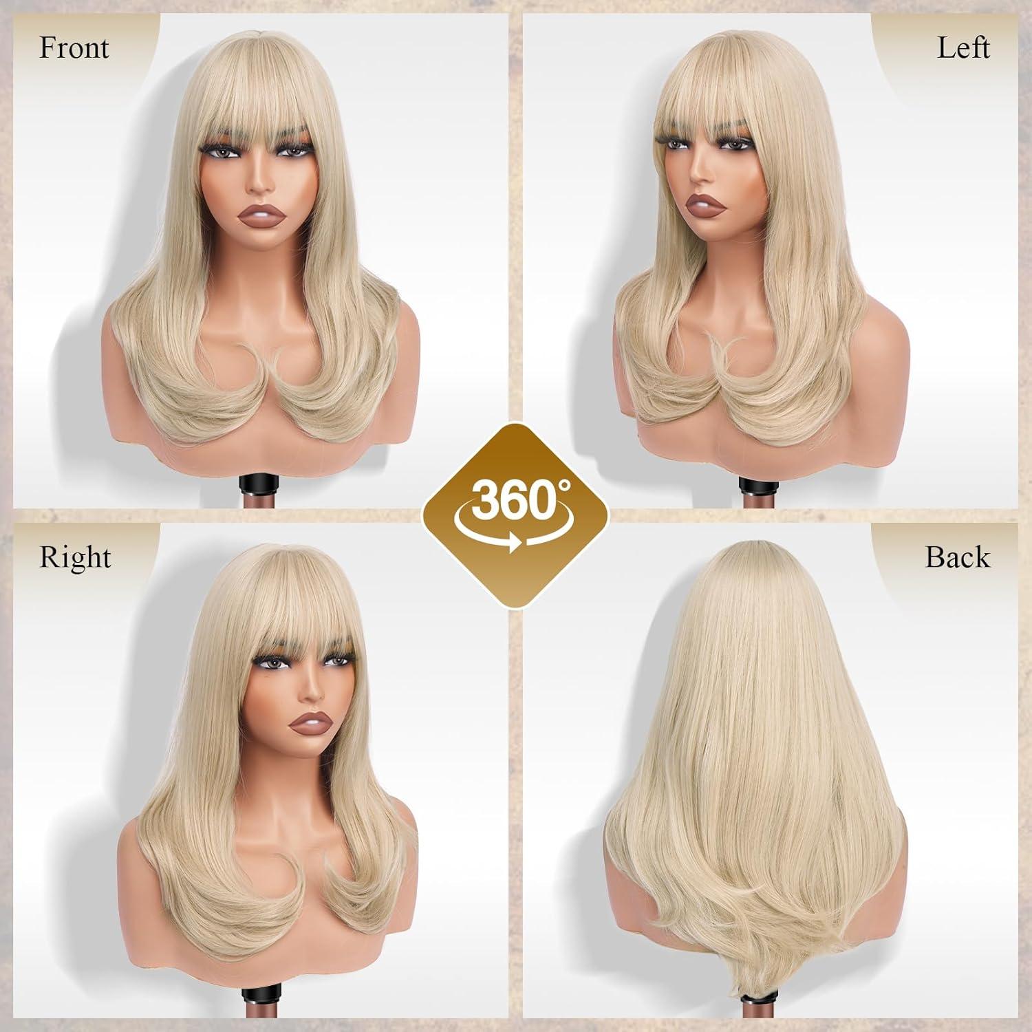 imageFESHFEN Long Wigs with Bangs Synthetic Natural Looking Layered Straight Hair Wig for Women Daily Party Use 18 inch Natural BlackLight Blonde