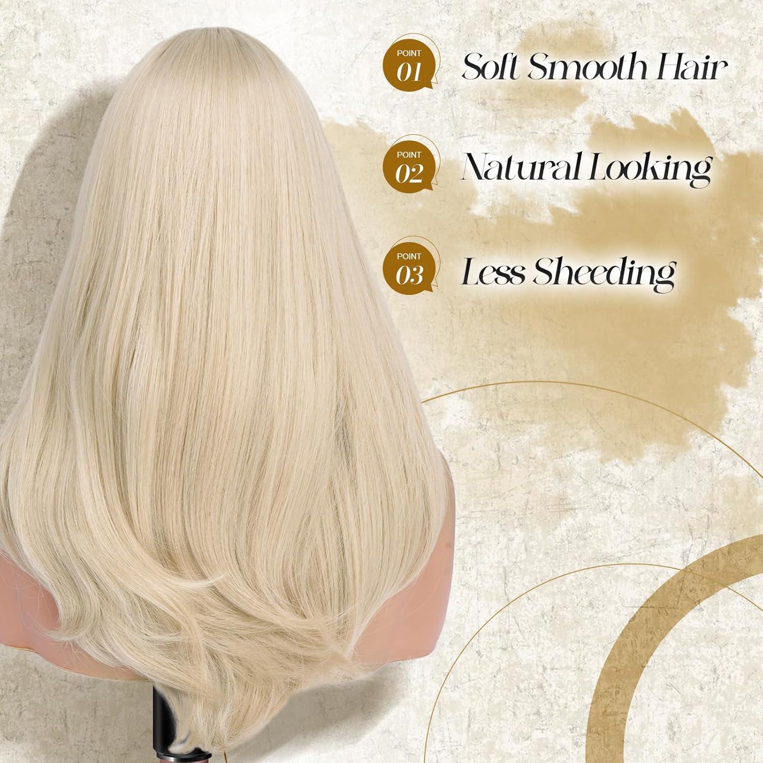 imageFESHFEN Long Wigs with Bangs Synthetic Natural Looking Layered Straight Hair Wig for Women Daily Party Use 18 inch Natural BlackLight Blonde