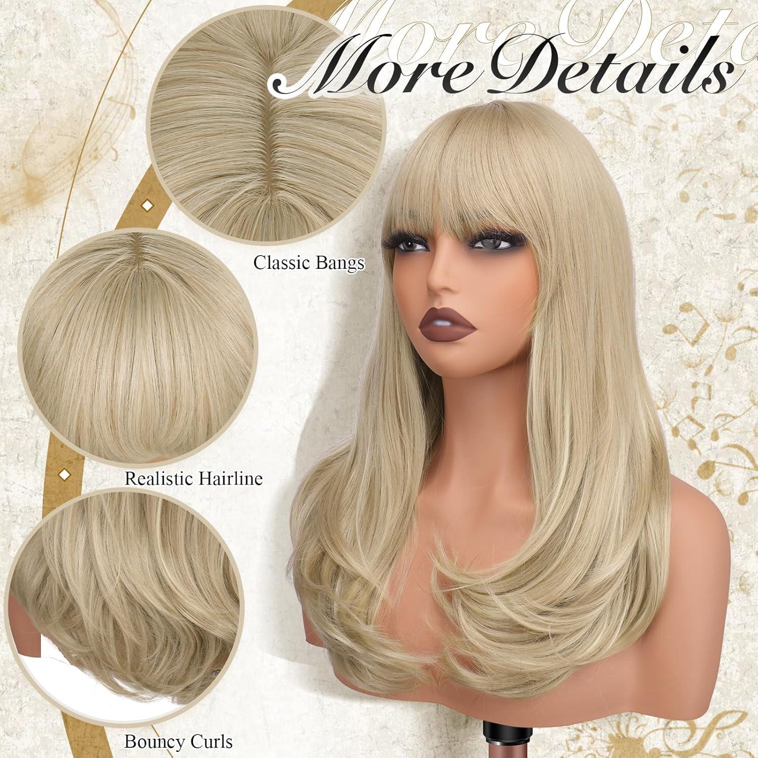 imageFESHFEN Long Wigs with Bangs Synthetic Natural Looking Layered Straight Hair Wig for Women Daily Party Use 18 inch Natural BlackMixed Blonde