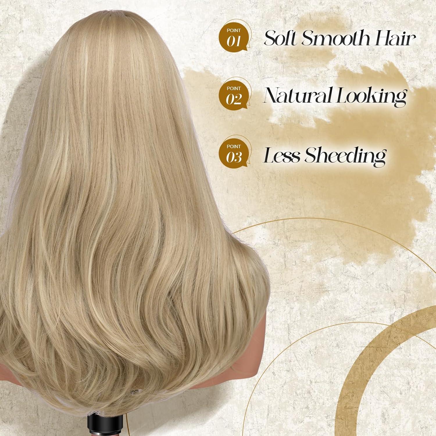 imageFESHFEN Long Wigs with Bangs Synthetic Natural Looking Layered Straight Hair Wig for Women Daily Party Use 18 inch Natural BlackMixed Blonde