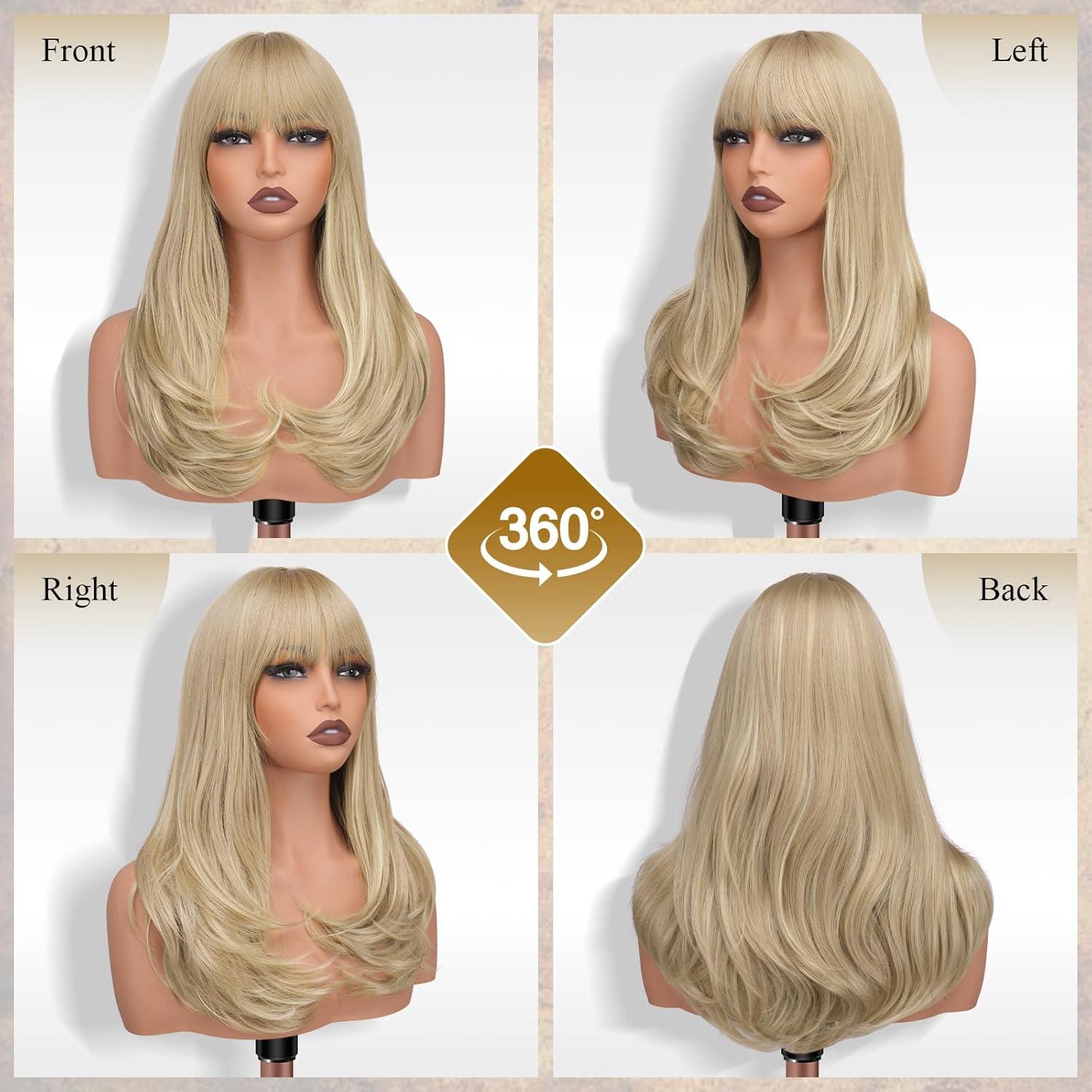 imageFESHFEN Long Wigs with Bangs Synthetic Natural Looking Layered Straight Hair Wig for Women Daily Party Use 18 inch Natural BlackMixed Blonde