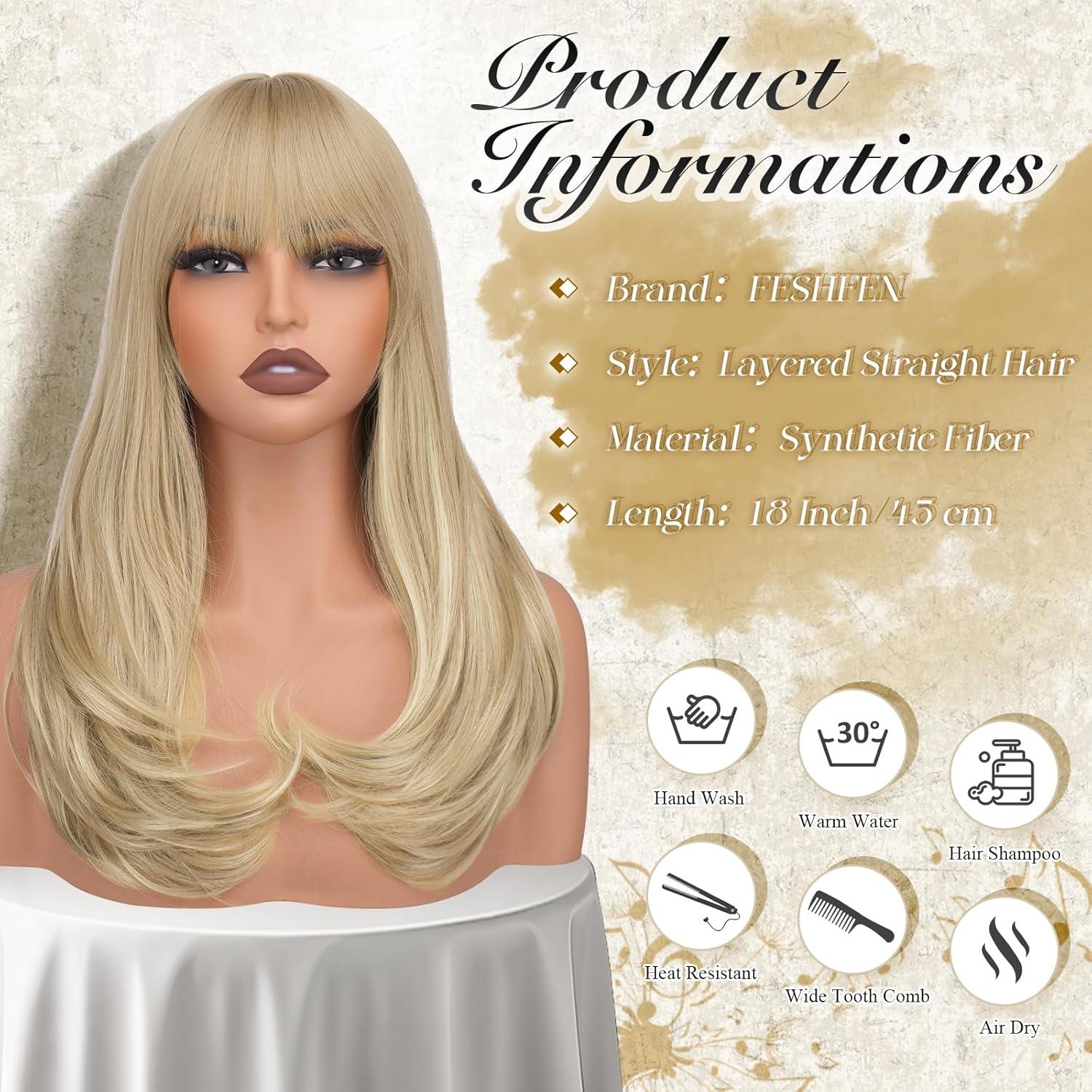 imageFESHFEN Long Wigs with Bangs Synthetic Natural Looking Layered Straight Hair Wig for Women Daily Party Use 18 inch Natural BlackMixed Blonde