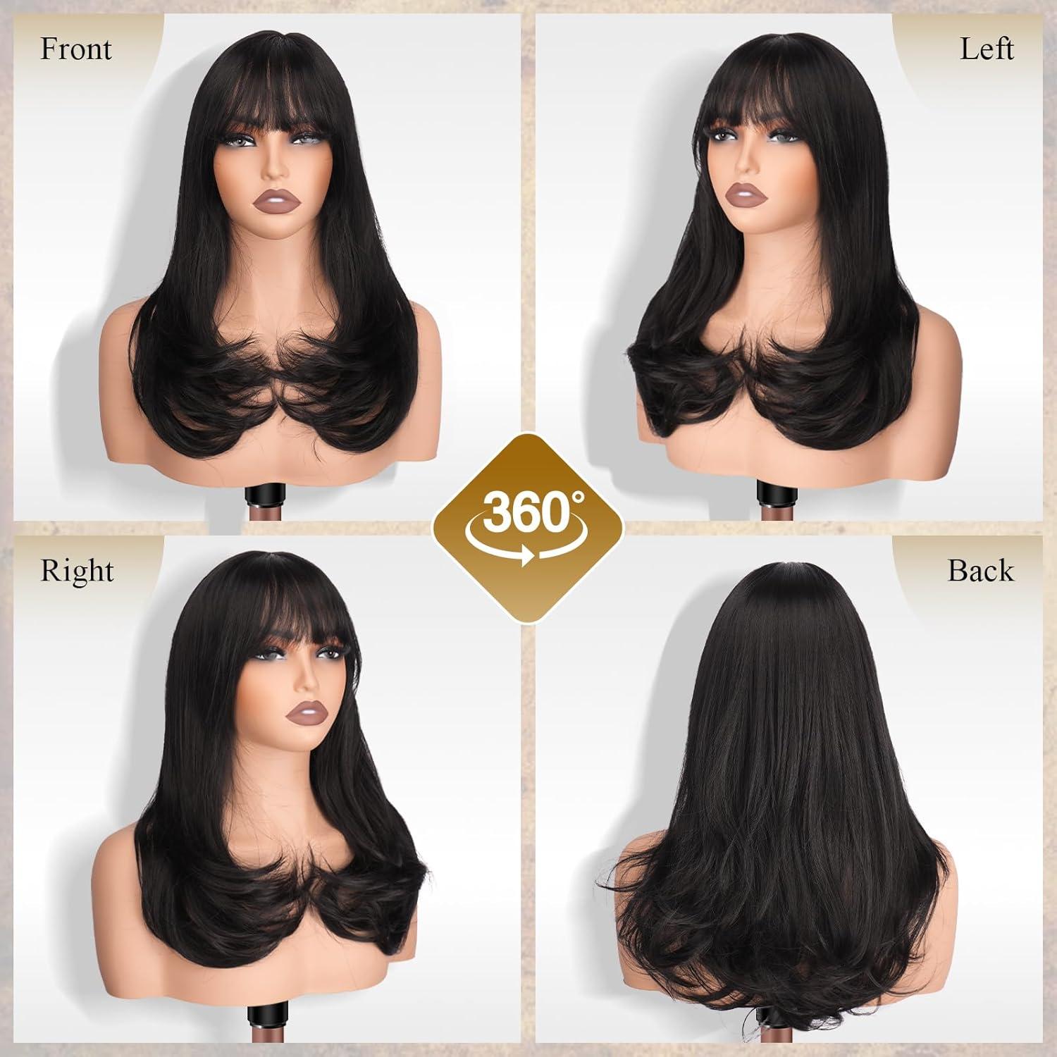imageFESHFEN Long Wigs with Bangs Synthetic Natural Looking Layered Straight Hair Wig for Women Daily Party Use 18 inch Natural BlackNatural Black