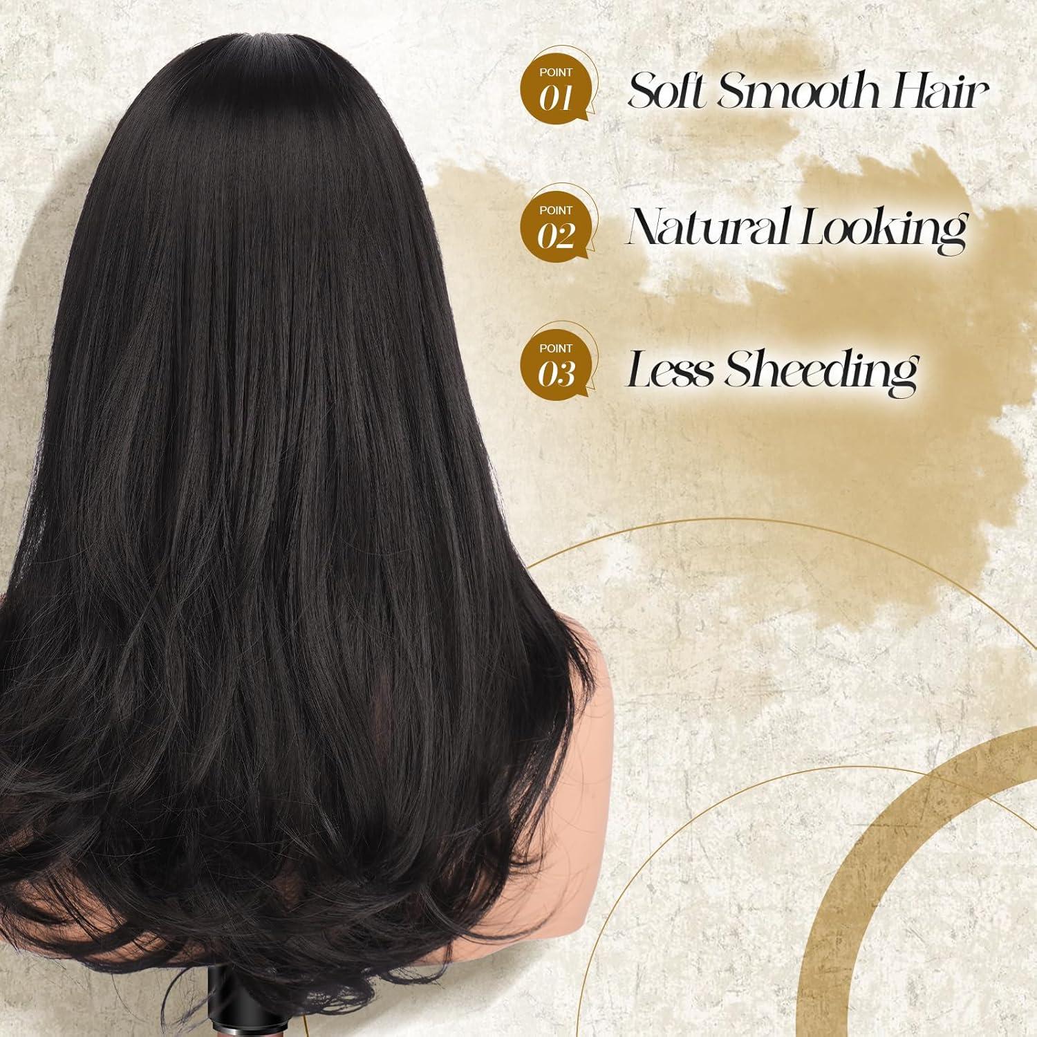 imageFESHFEN Long Wigs with Bangs Synthetic Natural Looking Layered Straight Hair Wig for Women Daily Party Use 18 inch Natural BlackNatural Black