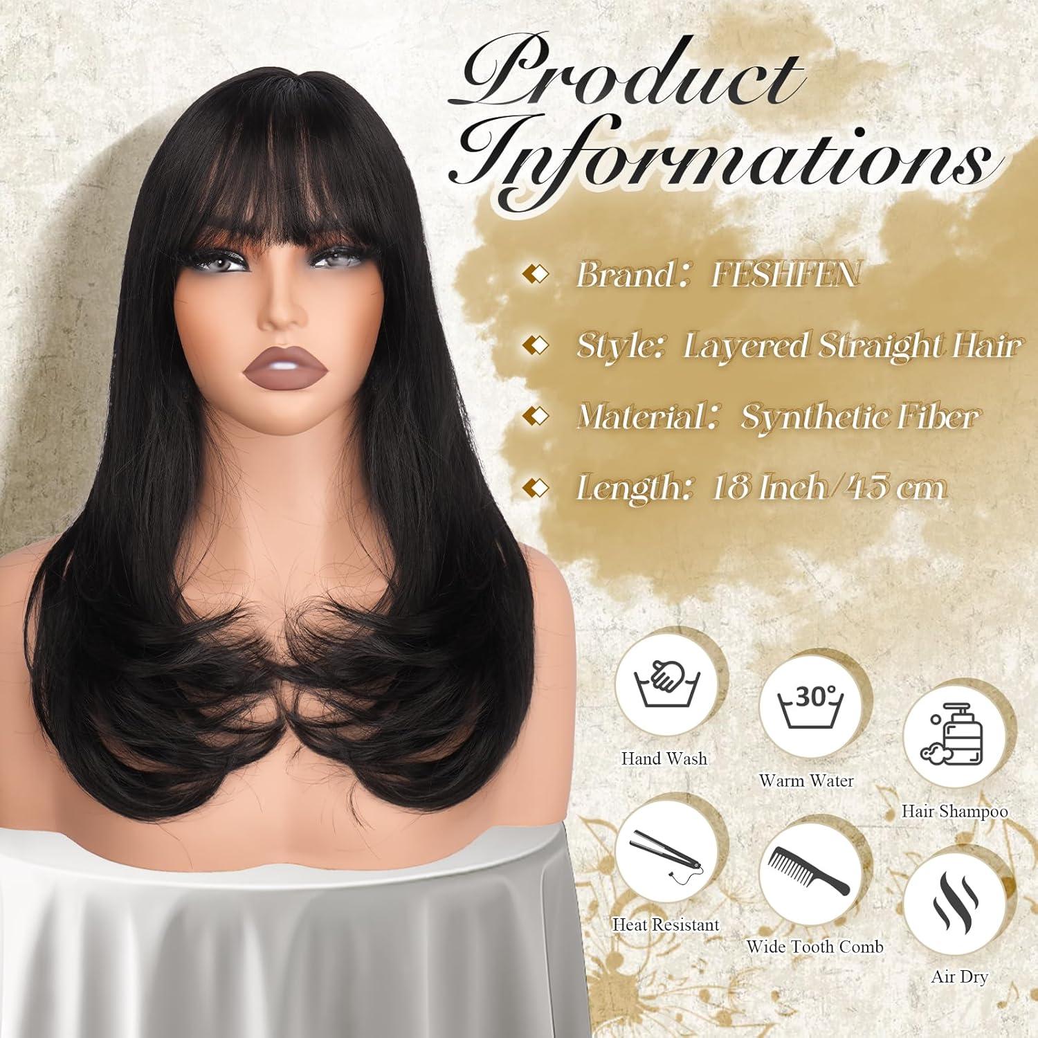 imageFESHFEN Long Wigs with Bangs Synthetic Natural Looking Layered Straight Hair Wig for Women Daily Party Use 18 inch Natural BlackNatural Black