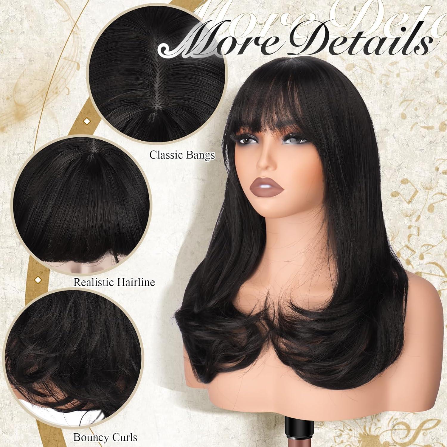 imageFESHFEN Long Wigs with Bangs Synthetic Natural Looking Layered Straight Hair Wig for Women Daily Party Use 18 inch Natural BlackNatural Black