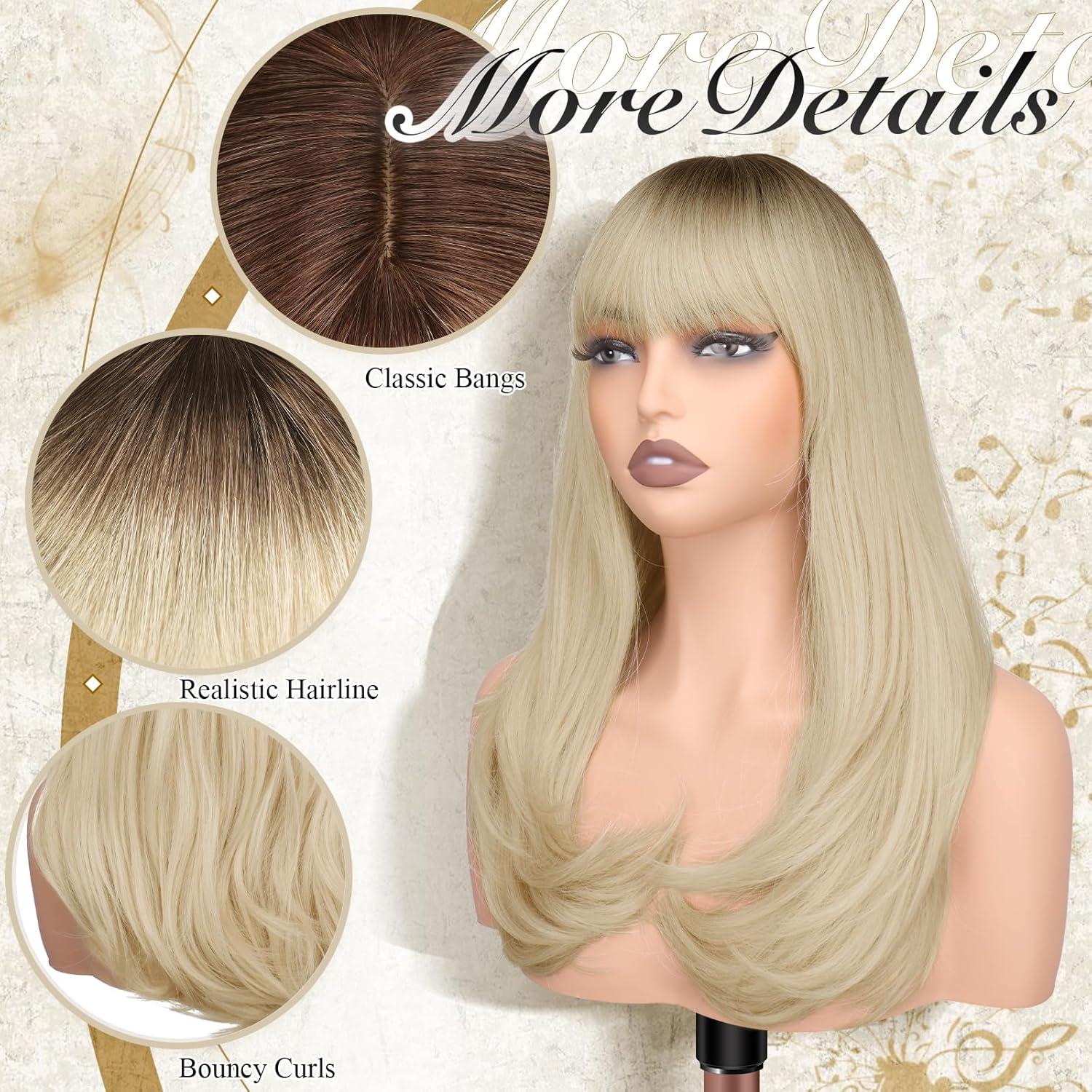 imageFESHFEN Long Wigs with Bangs Synthetic Natural Looking Layered Straight Hair Wig for Women Daily Party Use 18 inch Natural BlackOmbre Blonde