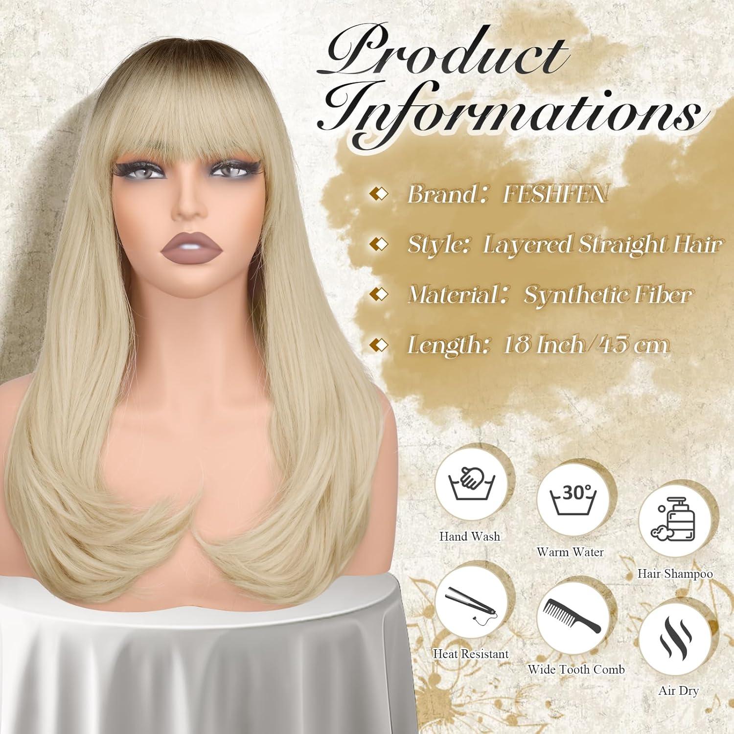imageFESHFEN Long Wigs with Bangs Synthetic Natural Looking Layered Straight Hair Wig for Women Daily Party Use 18 inch Natural BlackOmbre Blonde
