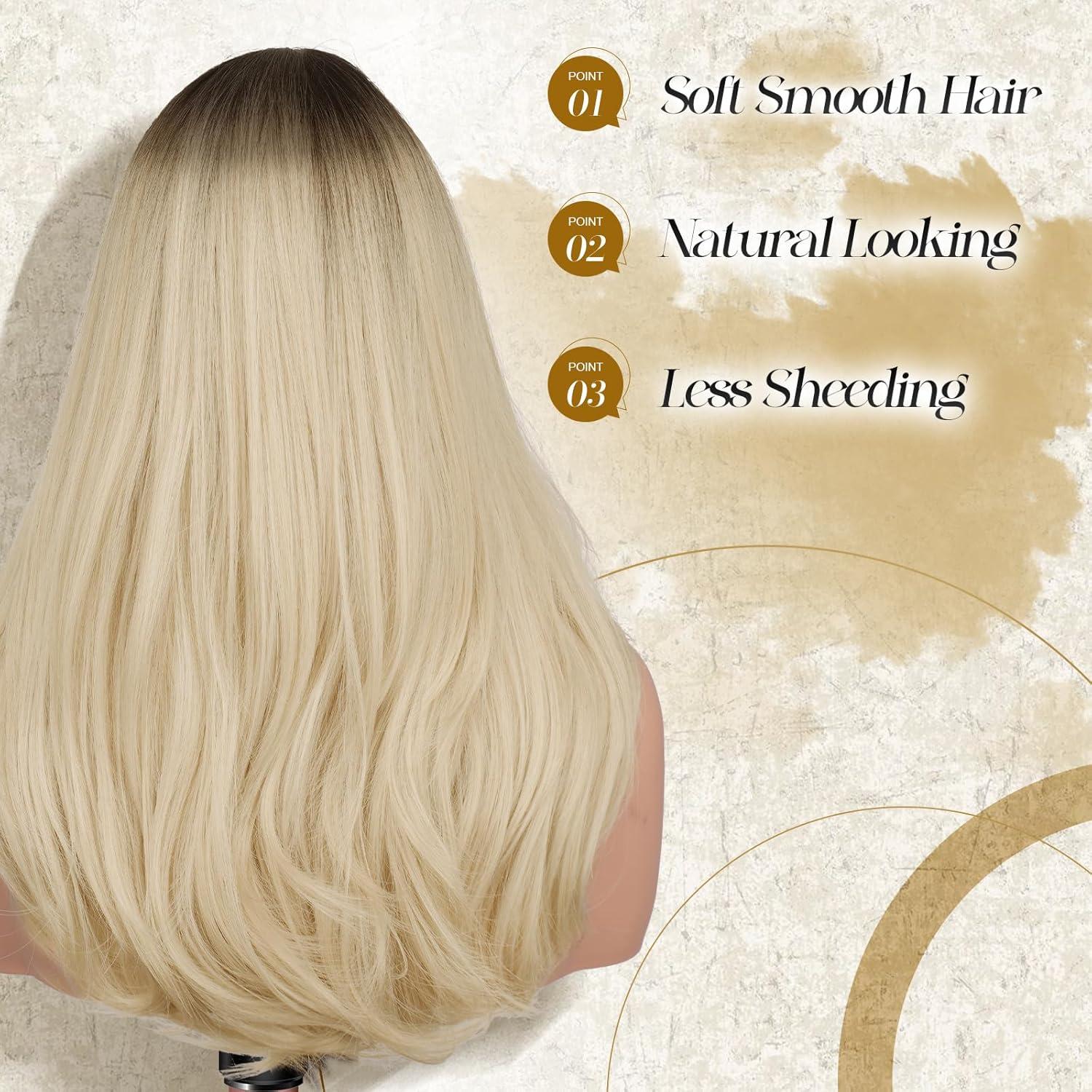 imageFESHFEN Long Wigs with Bangs Synthetic Natural Looking Layered Straight Hair Wig for Women Daily Party Use 18 inch Natural BlackOmbre Blonde