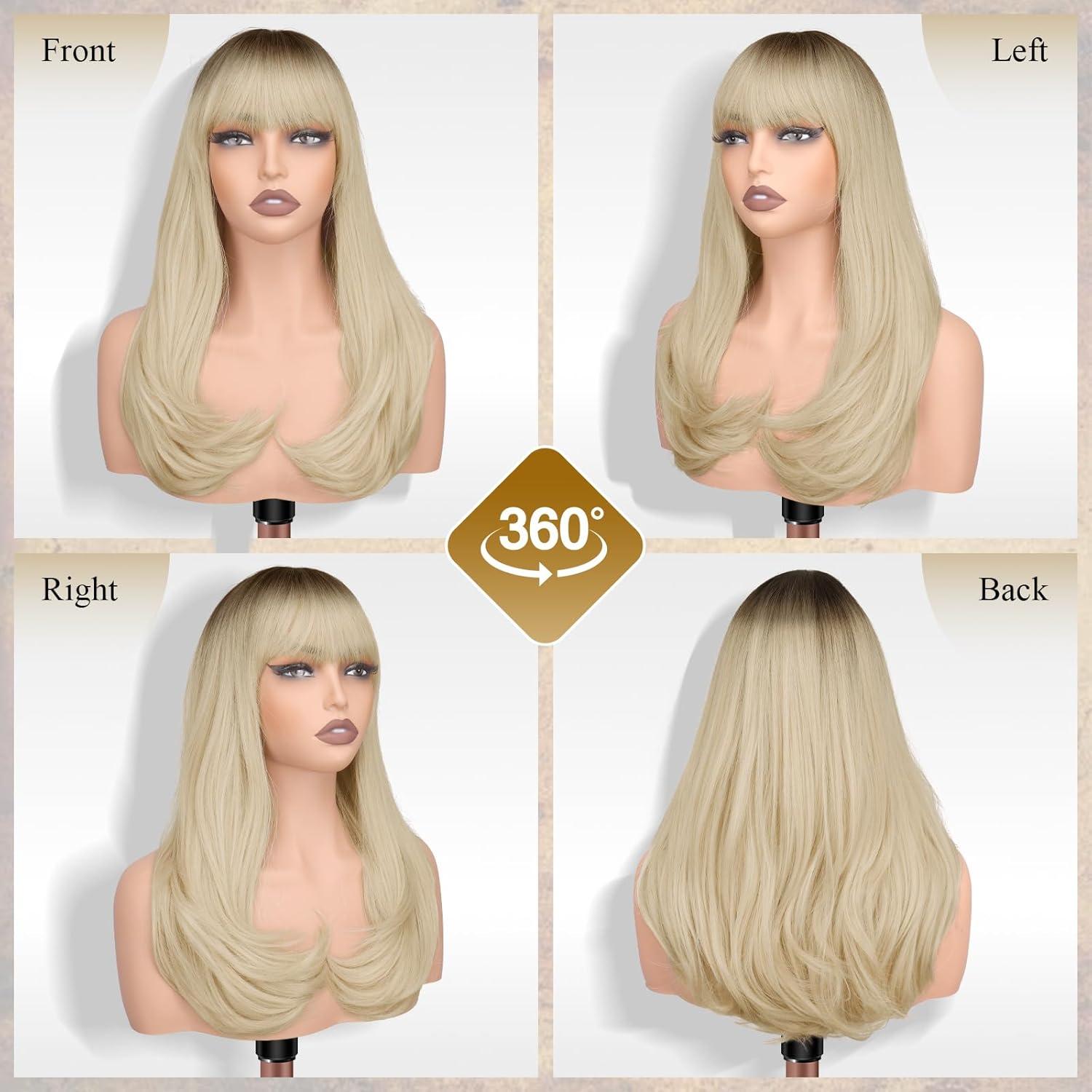 imageFESHFEN Long Wigs with Bangs Synthetic Natural Looking Layered Straight Hair Wig for Women Daily Party Use 18 inch Natural BlackOmbre Blonde