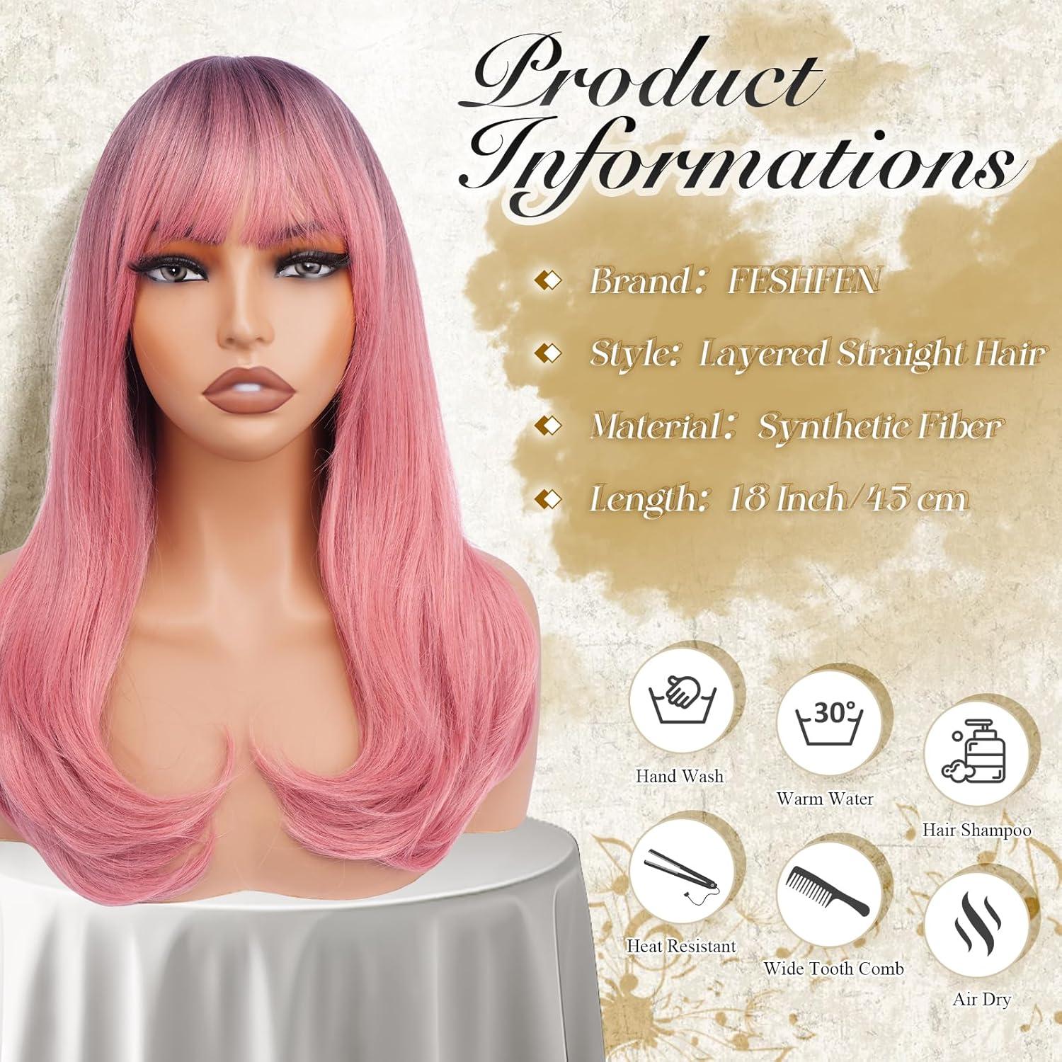 imageFESHFEN Long Wigs with Bangs Synthetic Natural Looking Layered Straight Hair Wig for Women Daily Party Use 18 inch Natural BlackOmbre Pink