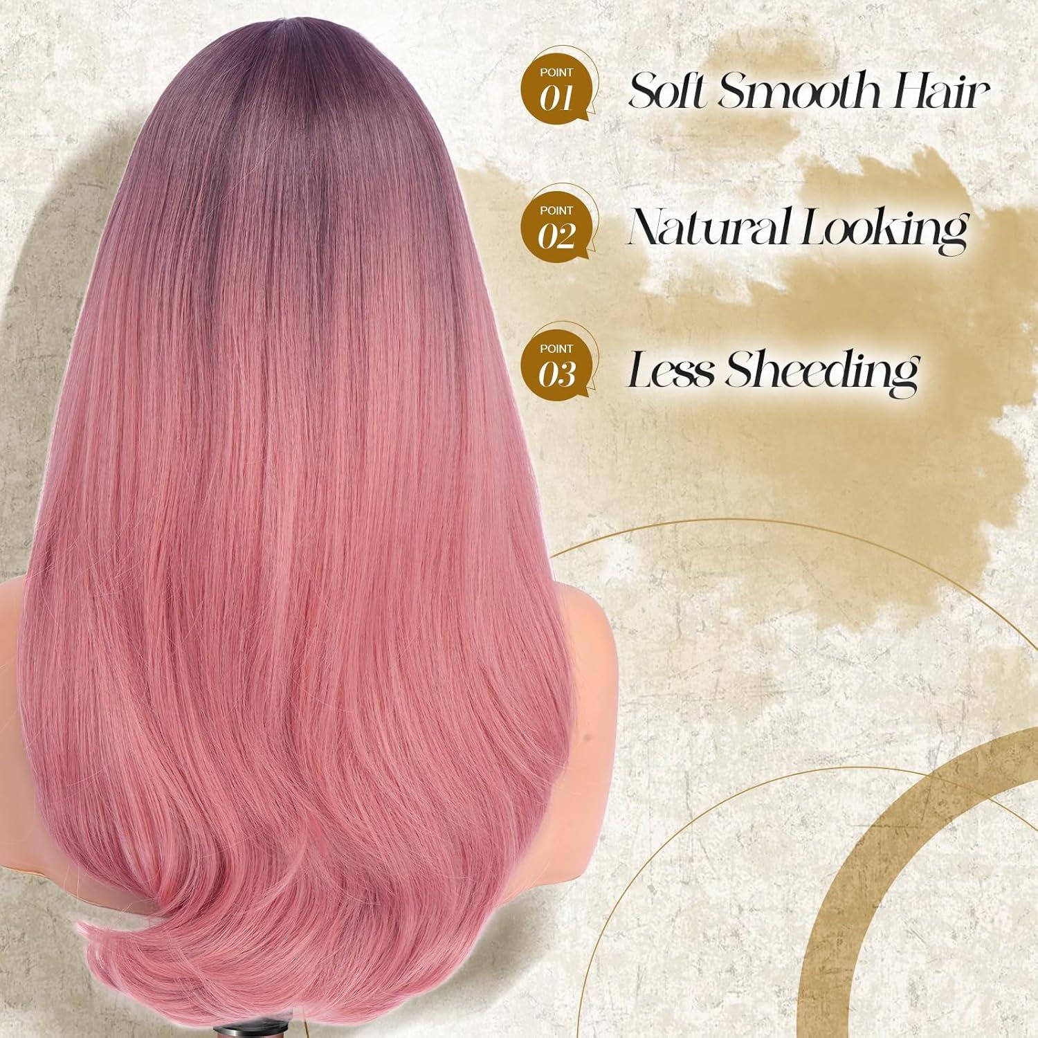 imageFESHFEN Long Wigs with Bangs Synthetic Natural Looking Layered Straight Hair Wig for Women Daily Party Use 18 inch Natural BlackOmbre Pink
