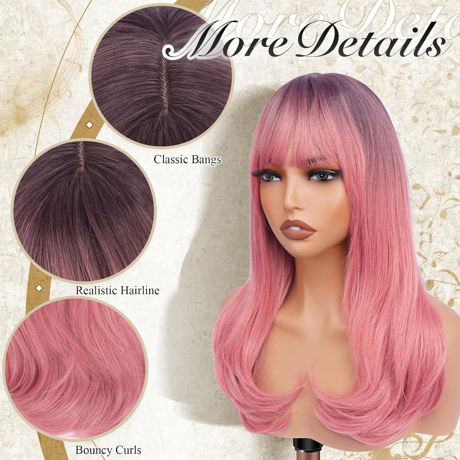 imageFESHFEN Long Wigs with Bangs Synthetic Natural Looking Layered Straight Hair Wig for Women Daily Party Use 18 inch Natural BlackOmbre Pink