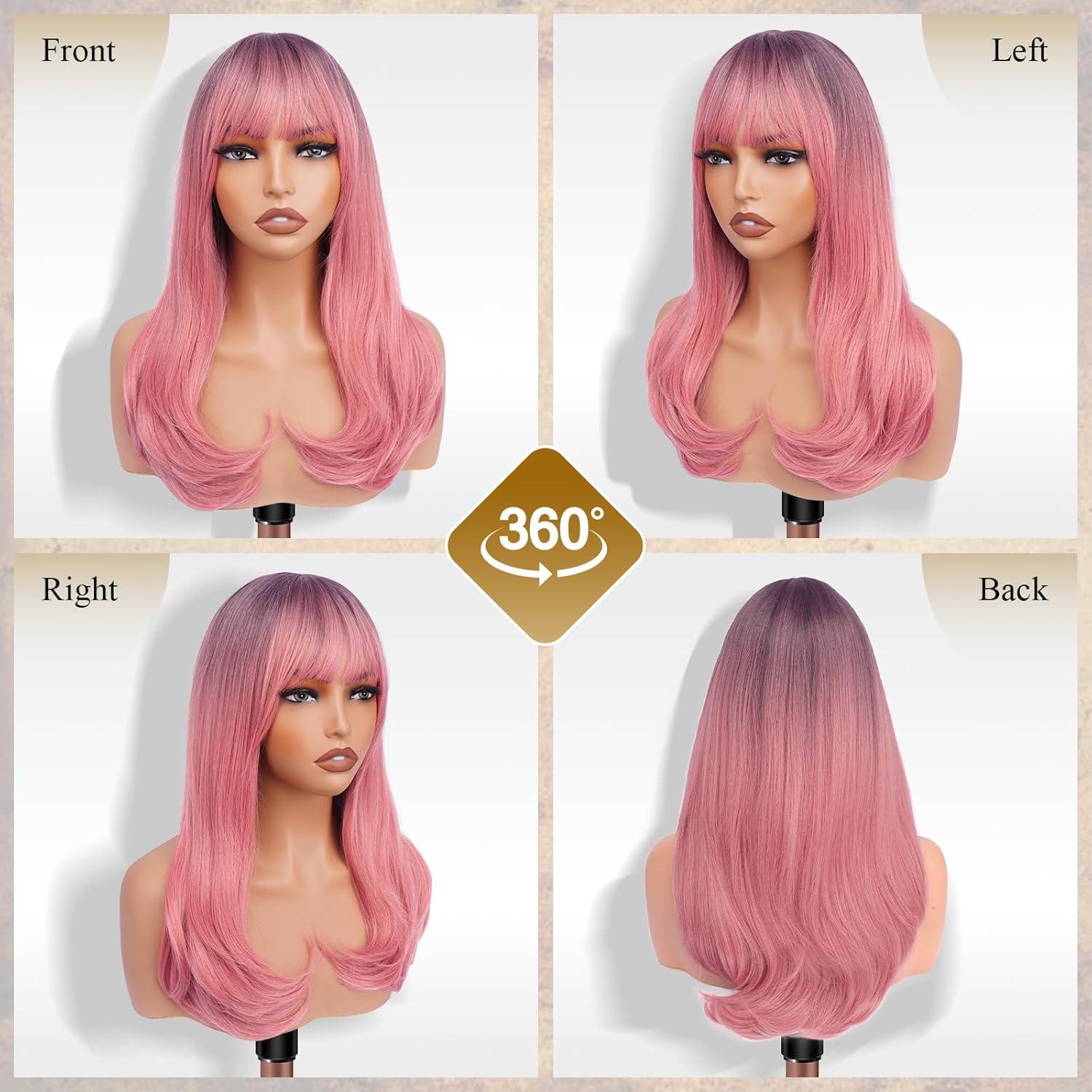 imageFESHFEN Long Wigs with Bangs Synthetic Natural Looking Layered Straight Hair Wig for Women Daily Party Use 18 inch Natural BlackOmbre Pink