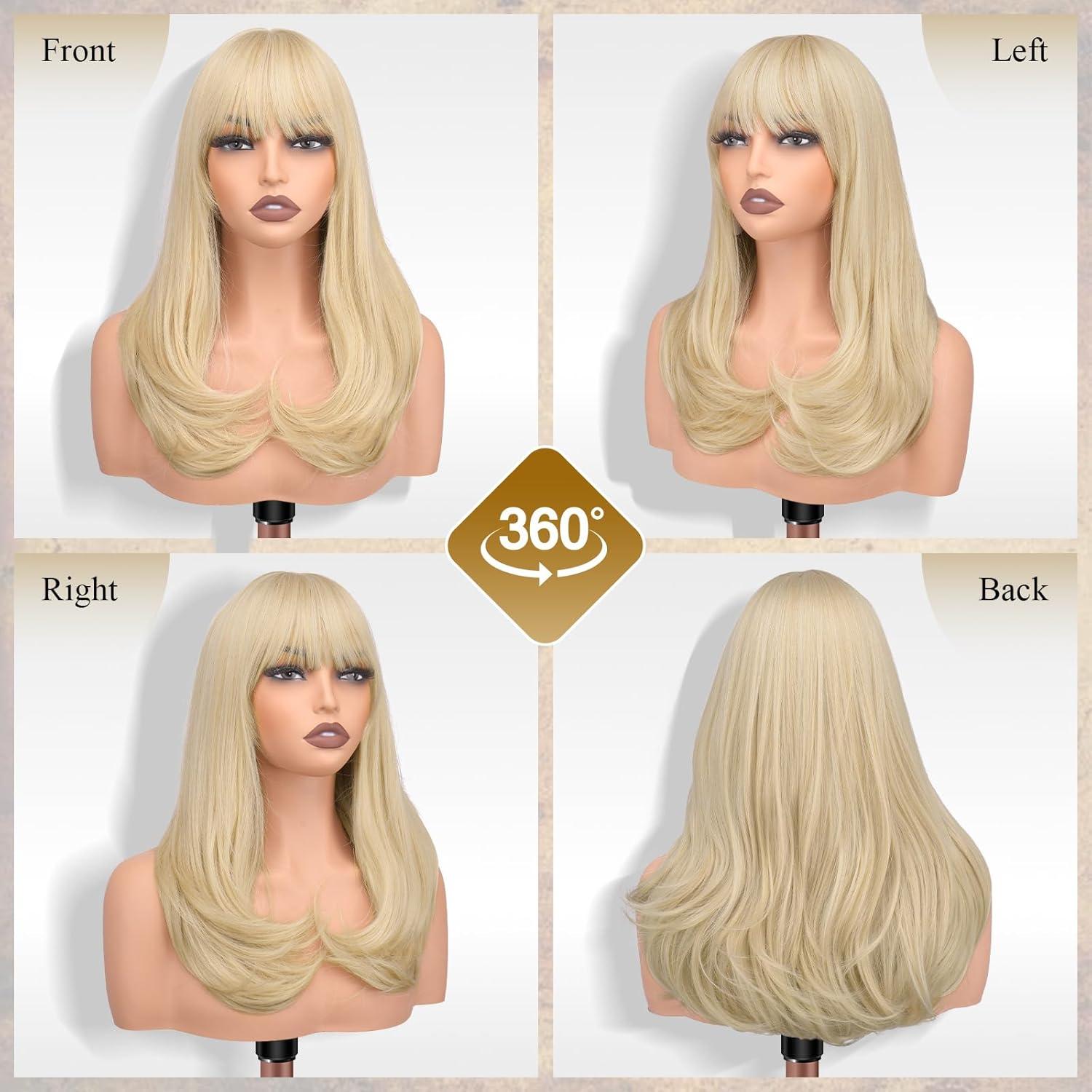 imageFESHFEN Long Wigs with Bangs Synthetic Natural Looking Layered Straight Hair Wig for Women Daily Party Use 18 inch Natural BlackPlatinum Blonde