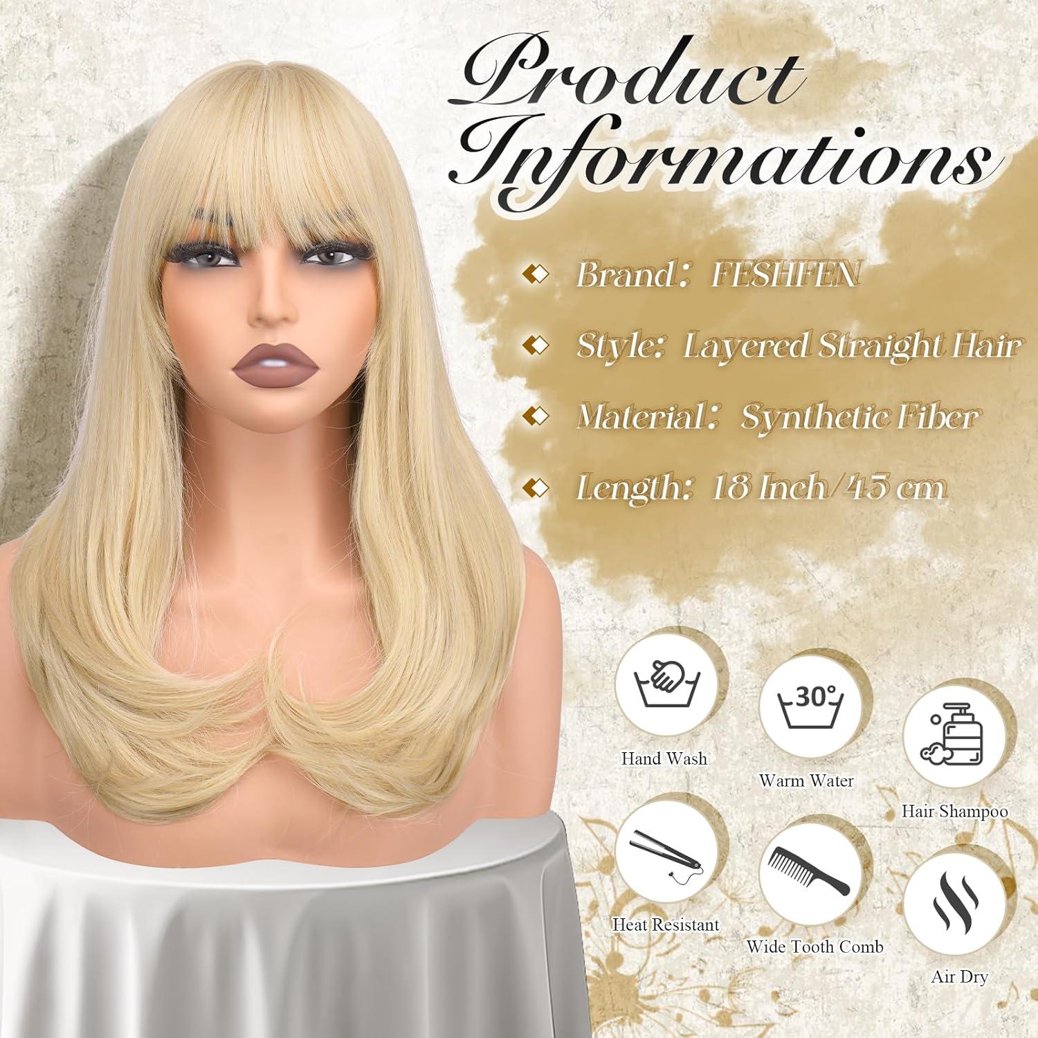 imageFESHFEN Long Wigs with Bangs Synthetic Natural Looking Layered Straight Hair Wig for Women Daily Party Use 18 inch Natural BlackPlatinum Blonde
