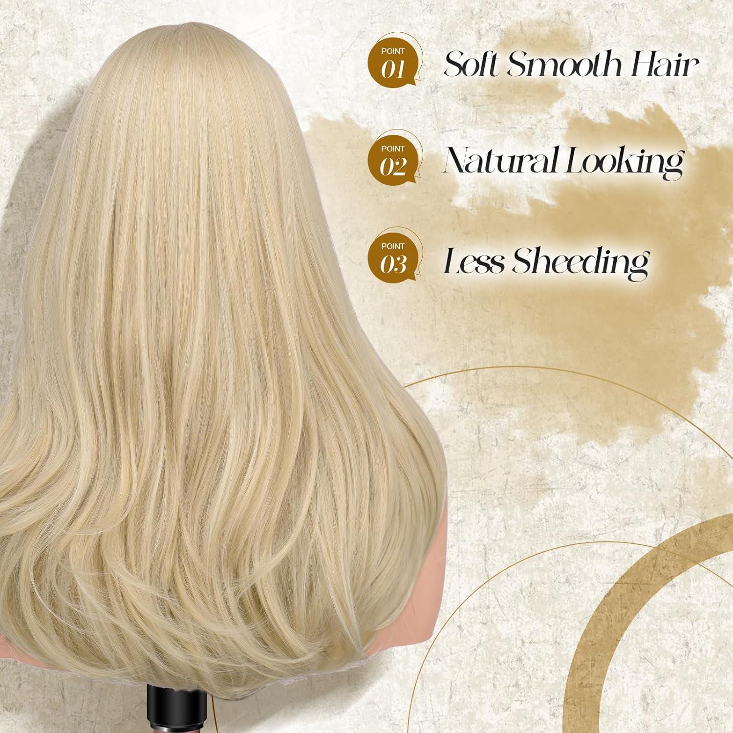 imageFESHFEN Long Wigs with Bangs Synthetic Natural Looking Layered Straight Hair Wig for Women Daily Party Use 18 inch Natural BlackPlatinum Blonde