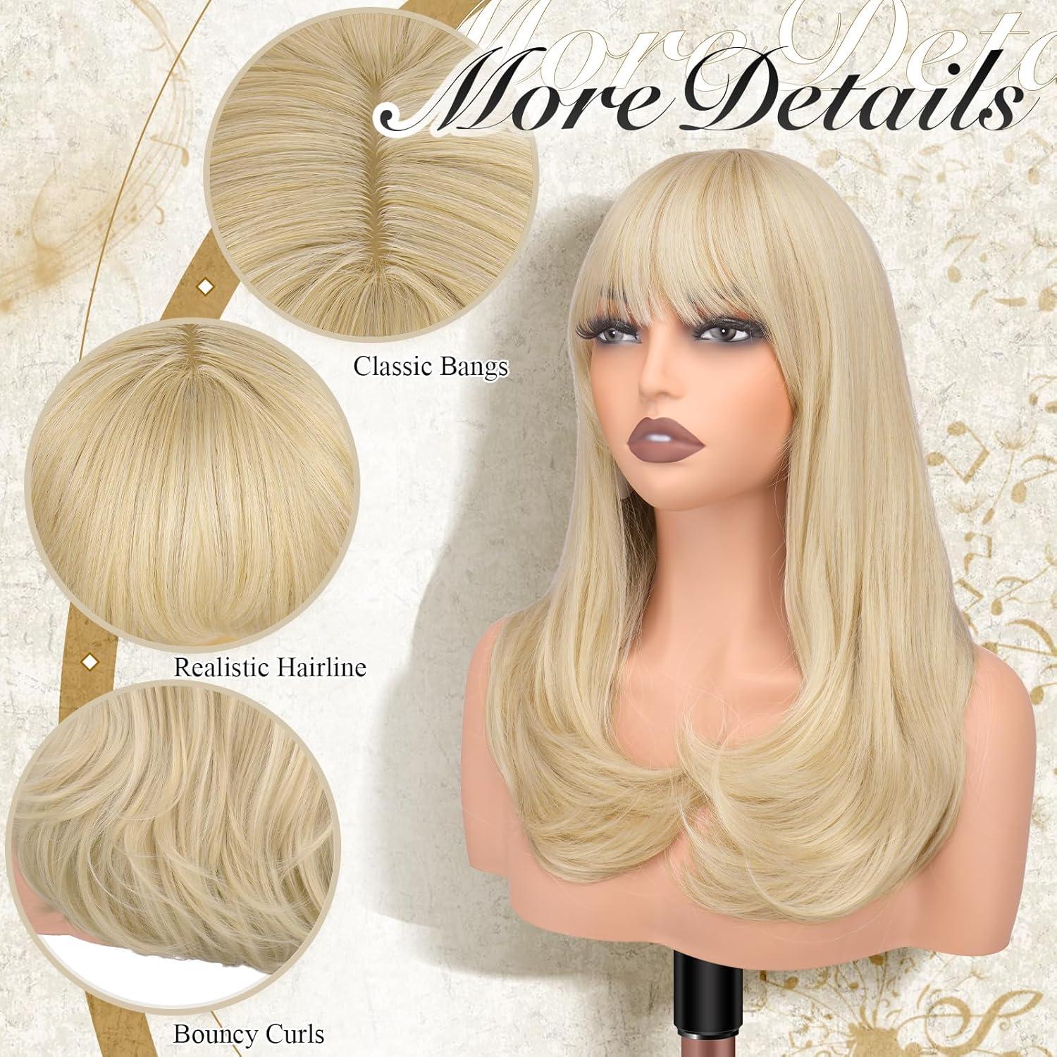 imageFESHFEN Long Wigs with Bangs Synthetic Natural Looking Layered Straight Hair Wig for Women Daily Party Use 18 inch Natural BlackPlatinum Blonde