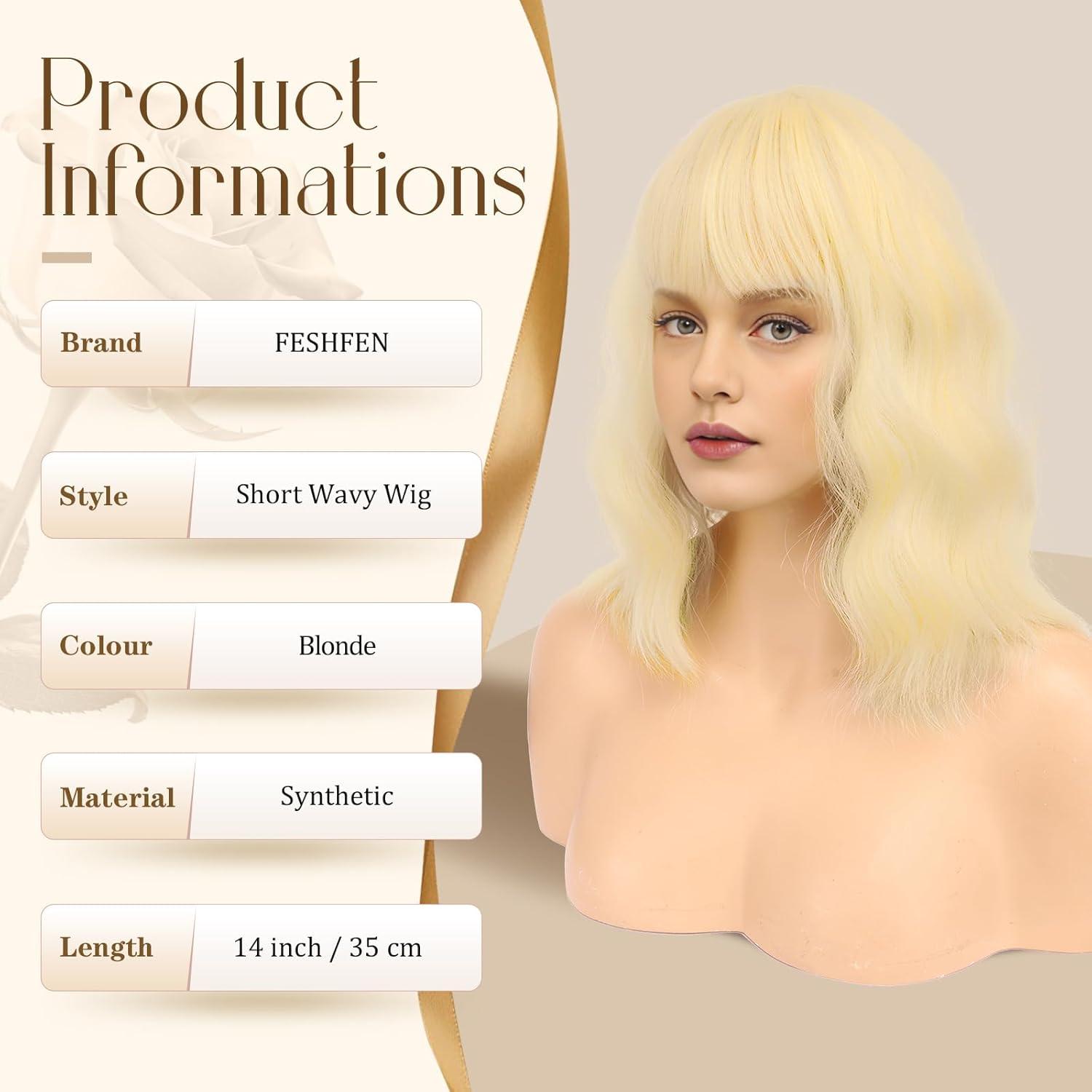 imageFESHFEN Shoulder Length Wigs with Bangs Ombre Blonde Natural Looking Wavy Medium Length Synthetic Hair Bob Wig for Women Daily Party Use 14 inch613 Blonde