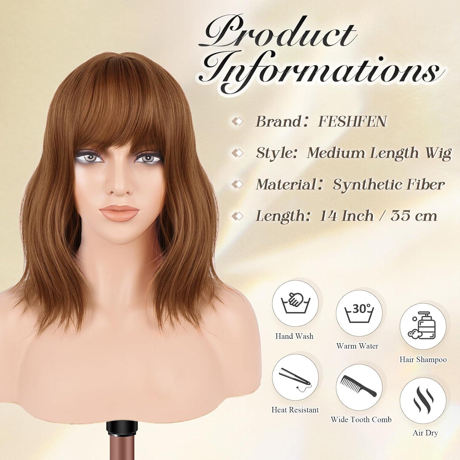 imageFESHFEN Shoulder Length Wigs with Bangs Ombre Blonde Natural Looking Wavy Medium Length Synthetic Hair Bob Wig for Women Daily Party Use 14 inchAuburn