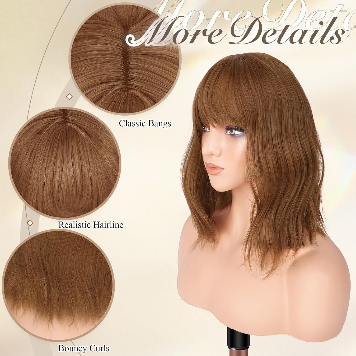 imageFESHFEN Shoulder Length Wigs with Bangs Ombre Blonde Natural Looking Wavy Medium Length Synthetic Hair Bob Wig for Women Daily Party Use 14 inchAuburn