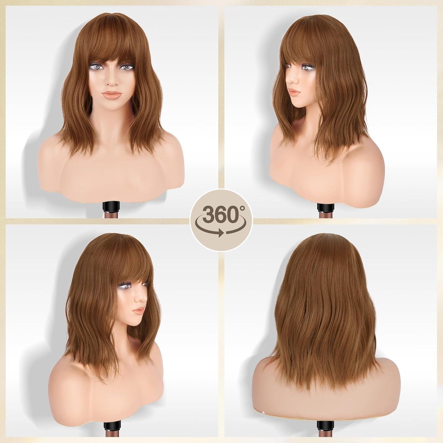 imageFESHFEN Shoulder Length Wigs with Bangs Ombre Blonde Natural Looking Wavy Medium Length Synthetic Hair Bob Wig for Women Daily Party Use 14 inchAuburn