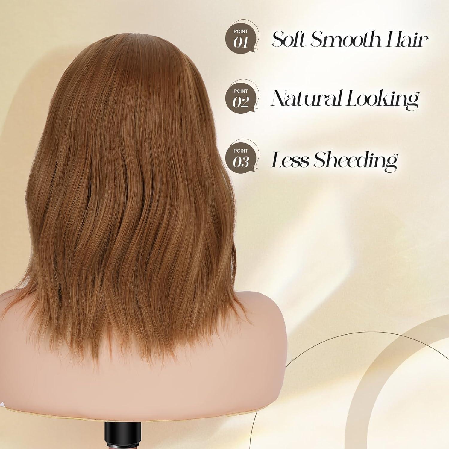 imageFESHFEN Shoulder Length Wigs with Bangs Ombre Blonde Natural Looking Wavy Medium Length Synthetic Hair Bob Wig for Women Daily Party Use 14 inchAuburn