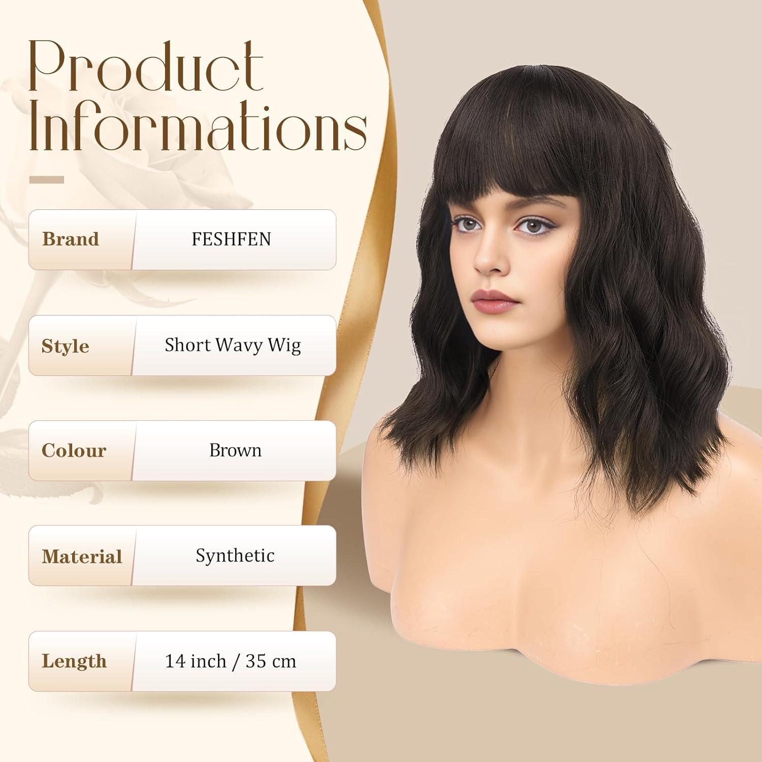 imageFESHFEN Shoulder Length Wigs with Bangs Ombre Blonde Natural Looking Wavy Medium Length Synthetic Hair Bob Wig for Women Daily Party Use 14 inchBrown