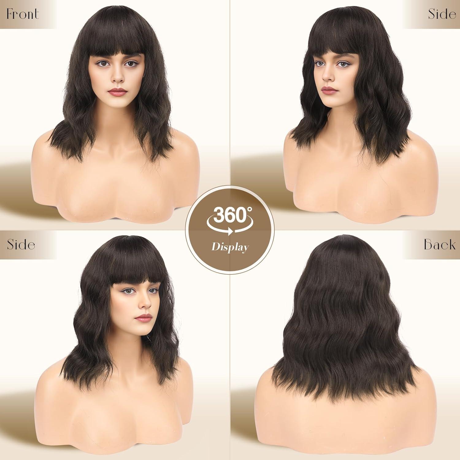 imageFESHFEN Shoulder Length Wigs with Bangs Ombre Blonde Natural Looking Wavy Medium Length Synthetic Hair Bob Wig for Women Daily Party Use 14 inchBrown